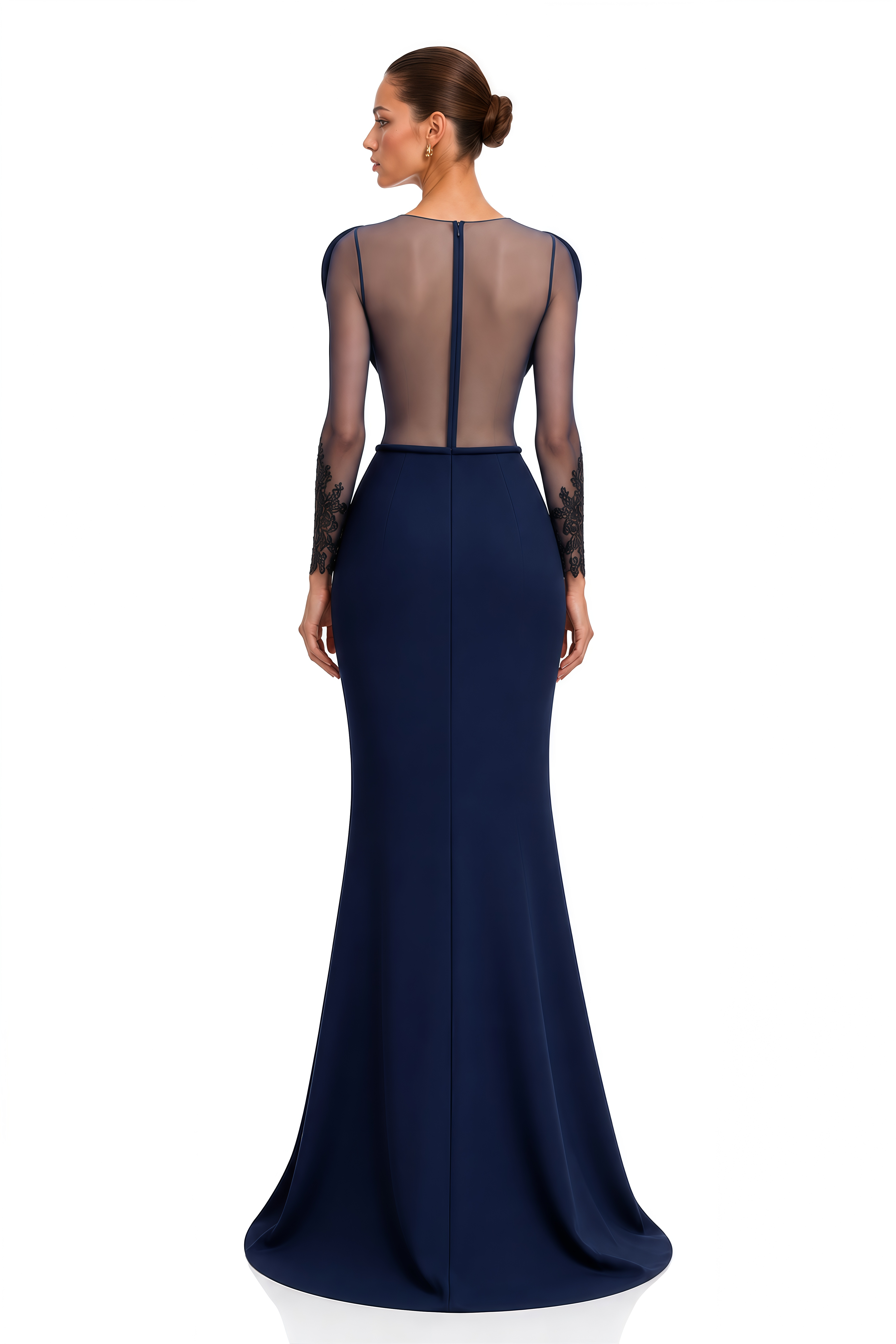 Isadora Navy Blue Sculpted Neck Lace Sleeve Maxi Dress