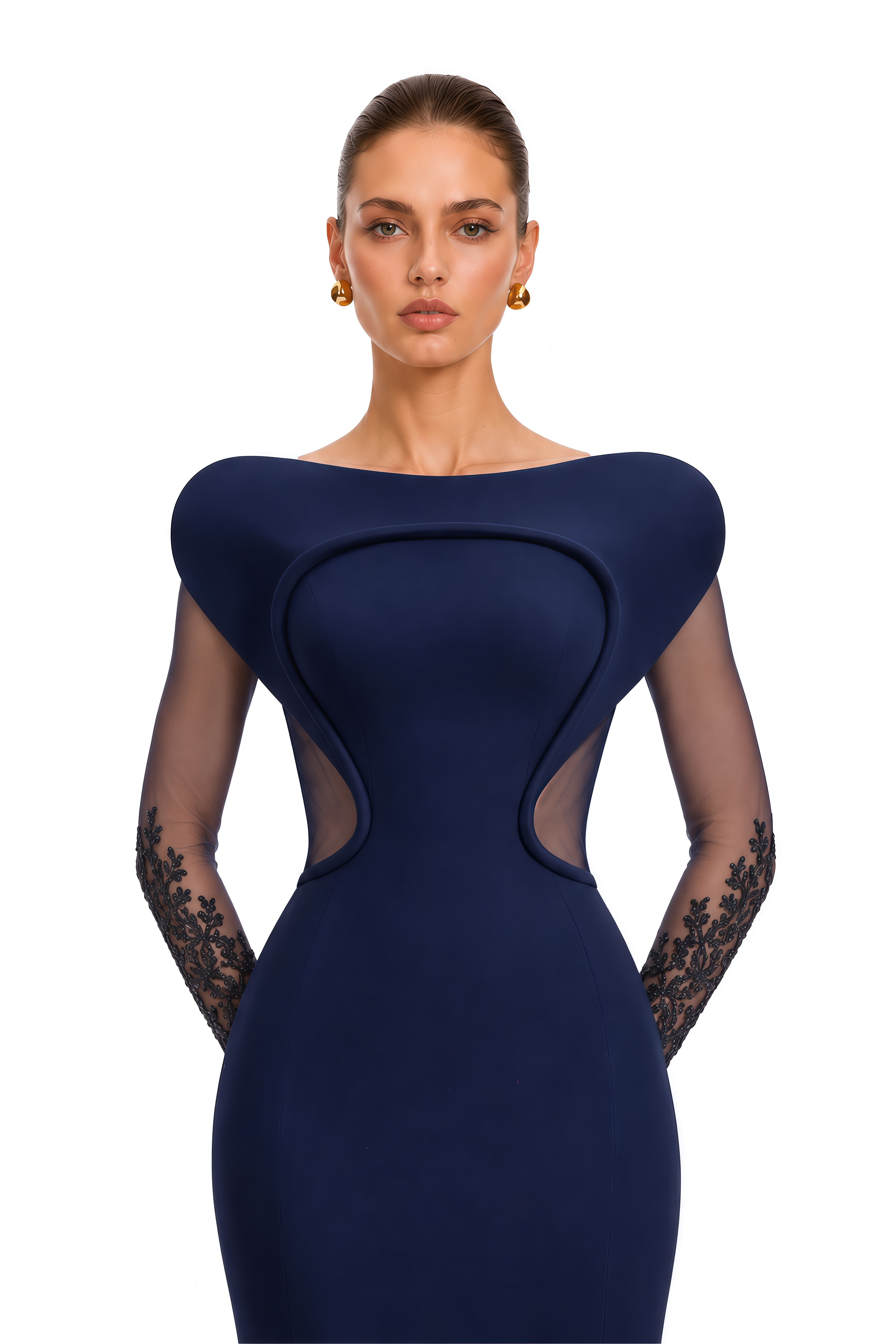 Isadora Navy Blue Sculpted Neck Lace Sleeve Maxi Dress