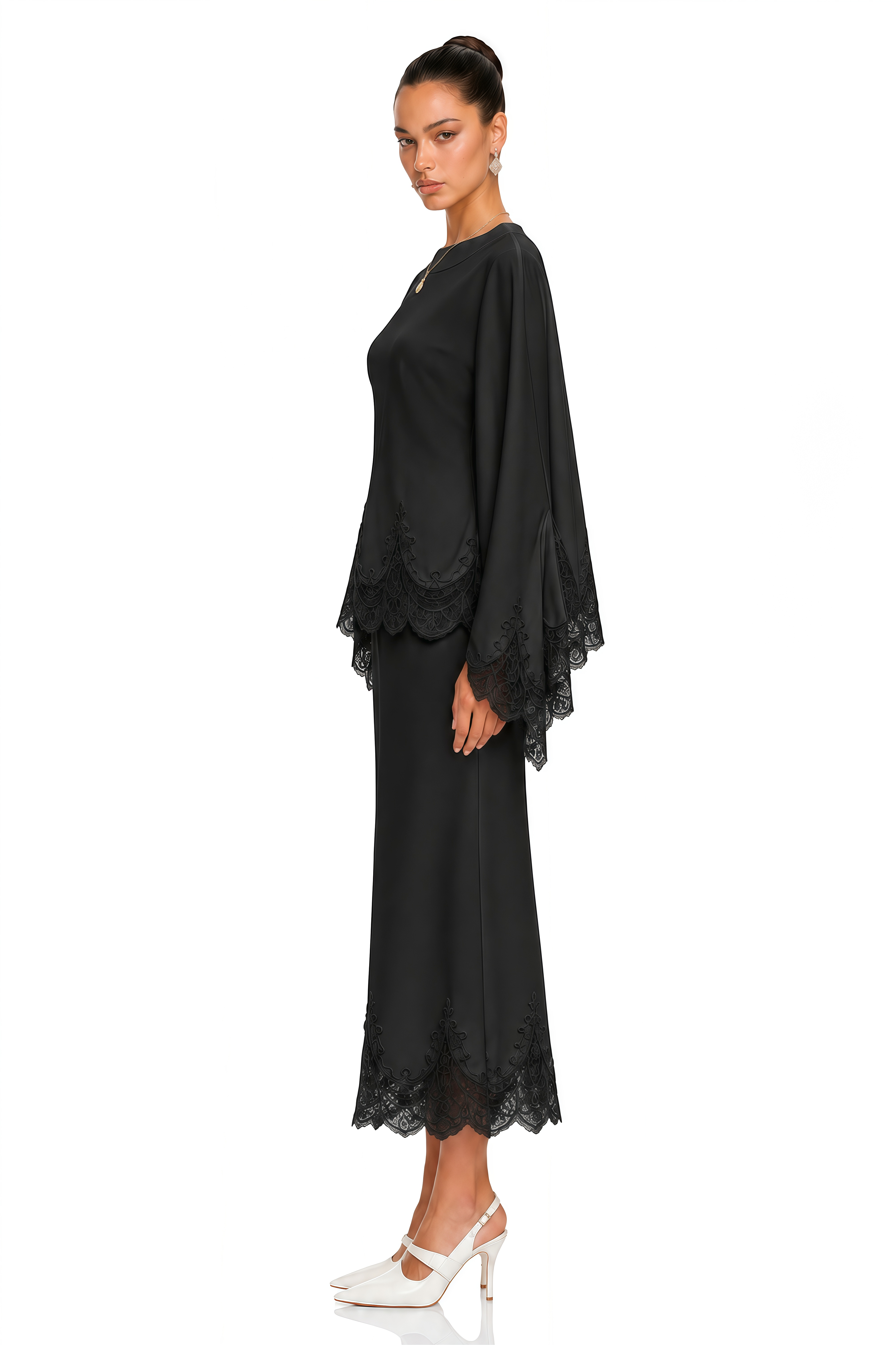Isioma Black Scalloped Long Sleeve Blouse & Midi Skirt Set