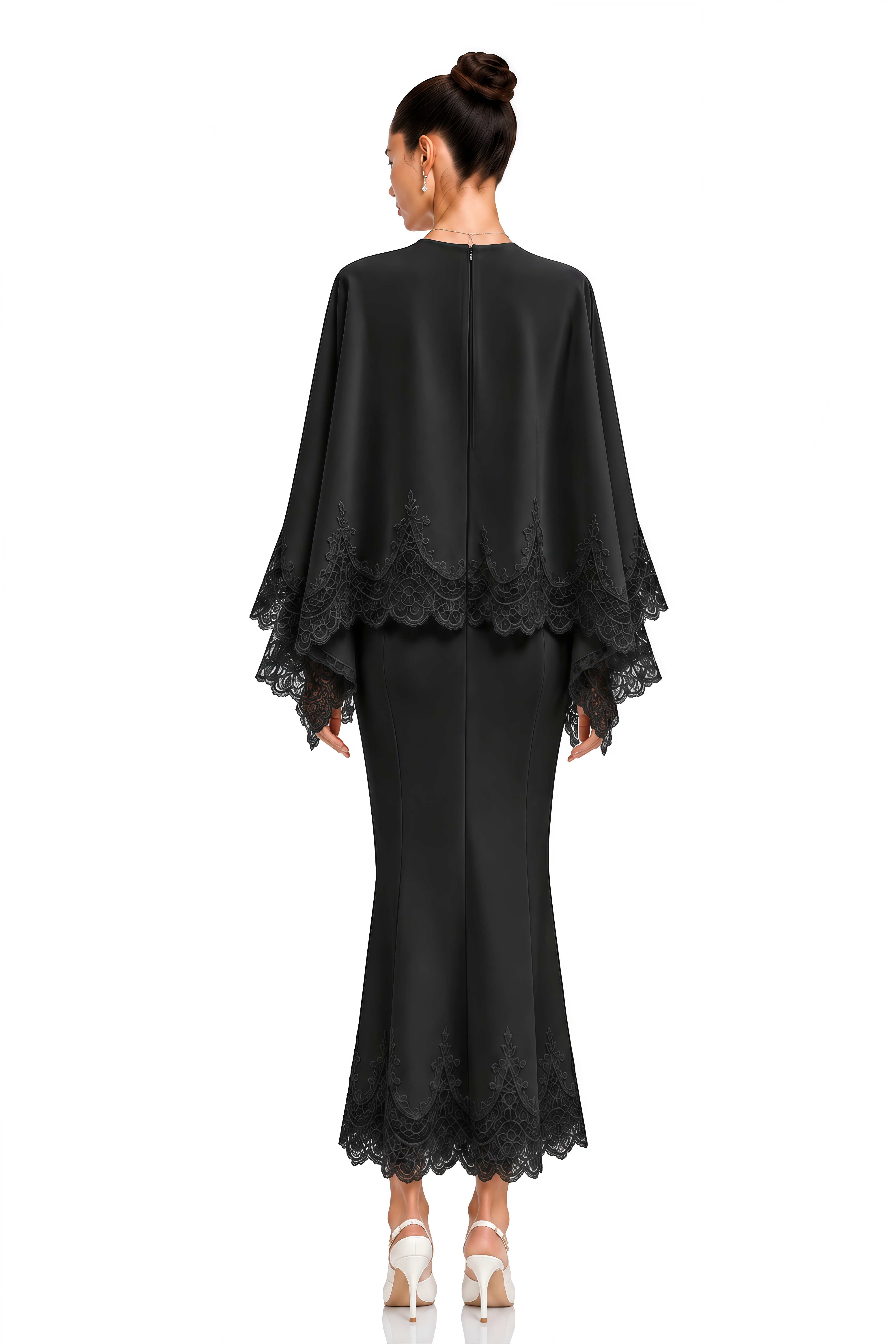 Isioma Black Scalloped Long Sleeve Blouse & Midi Skirt Set