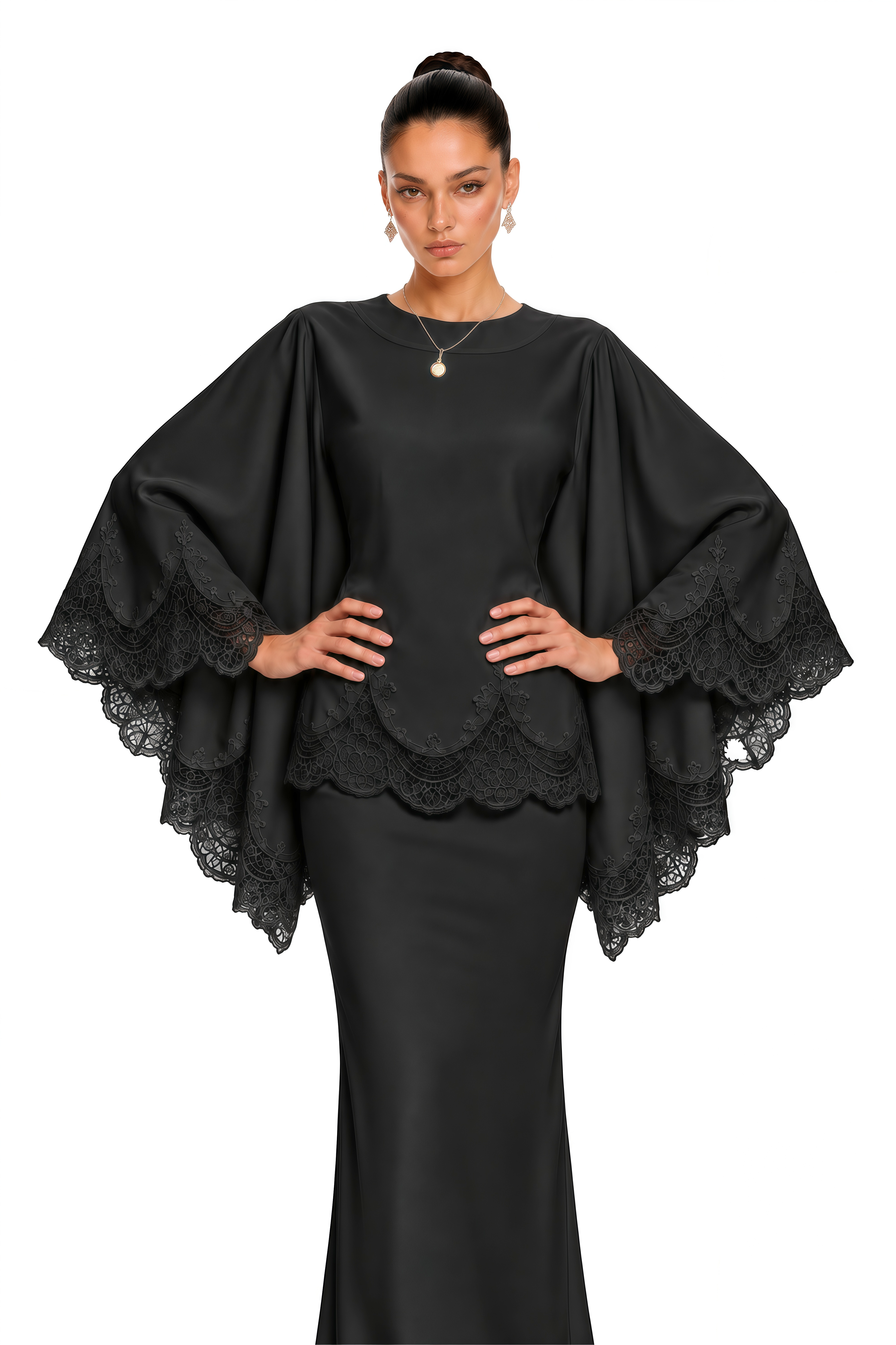 Isioma Black Scalloped Long Sleeve Blouse & Midi Skirt Set