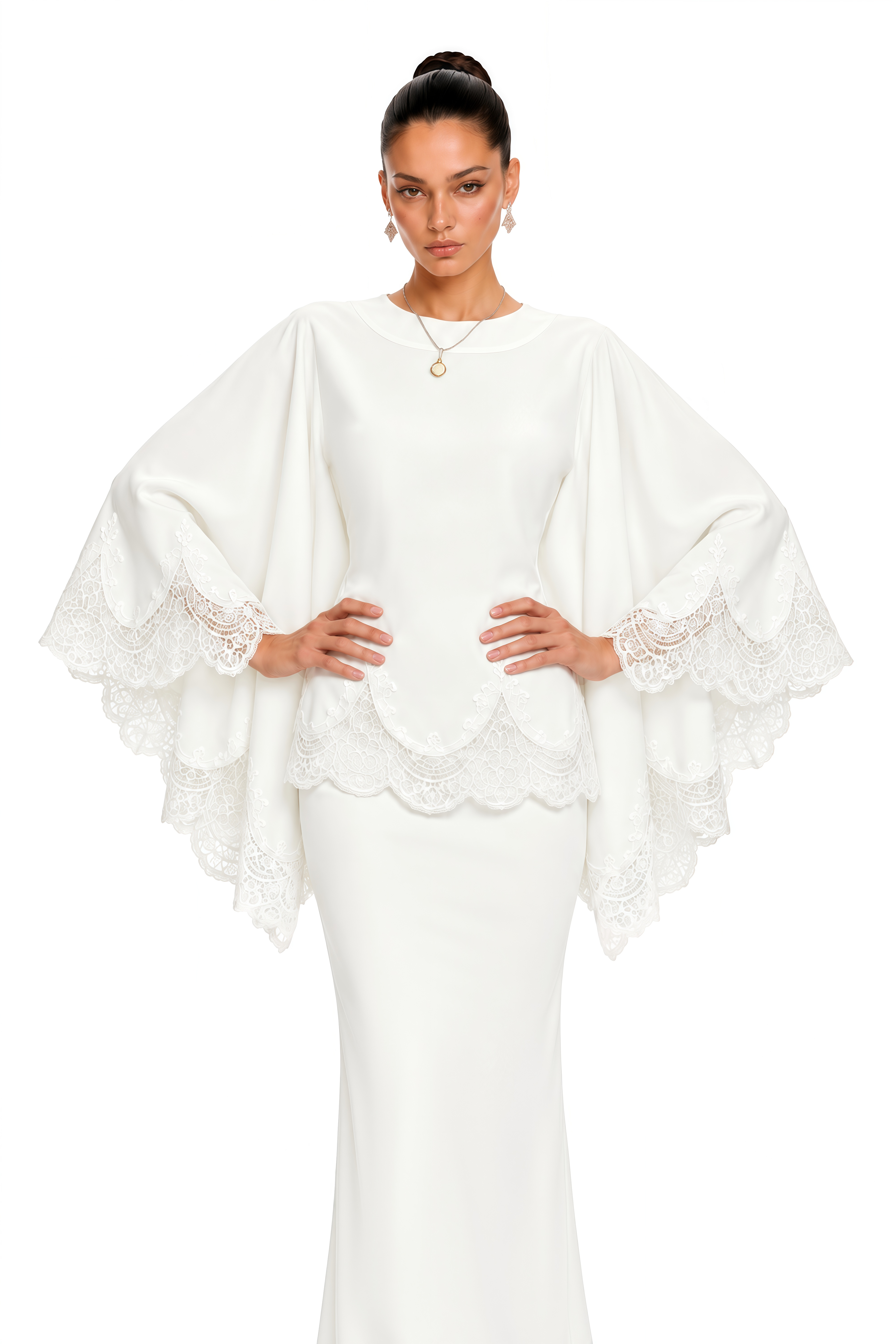 Isioma White Scalloped Long Sleeve Blouse & Midi Skirt Set