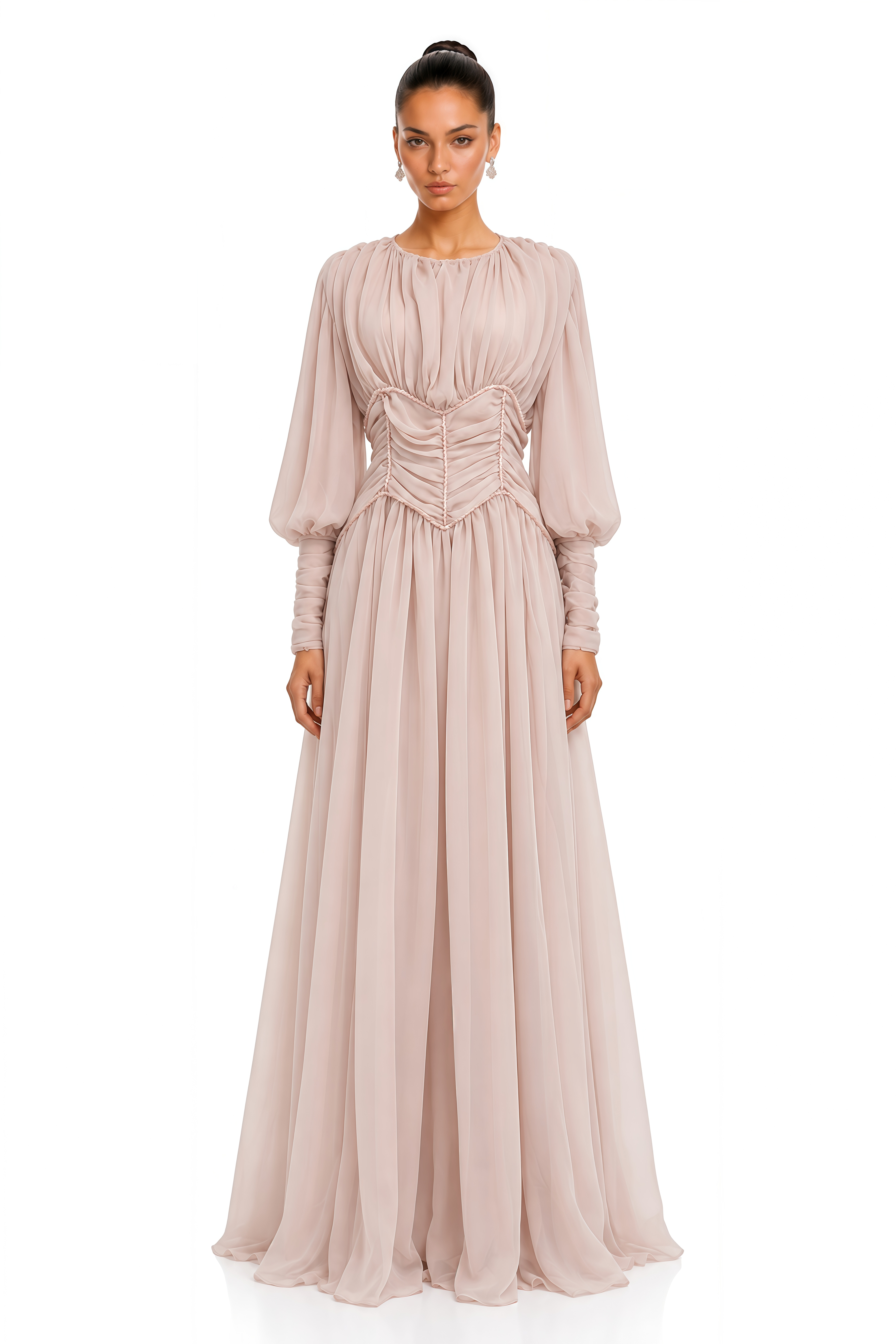 Isla Pink Ruched Waist Long Sleeve Maxi Dress