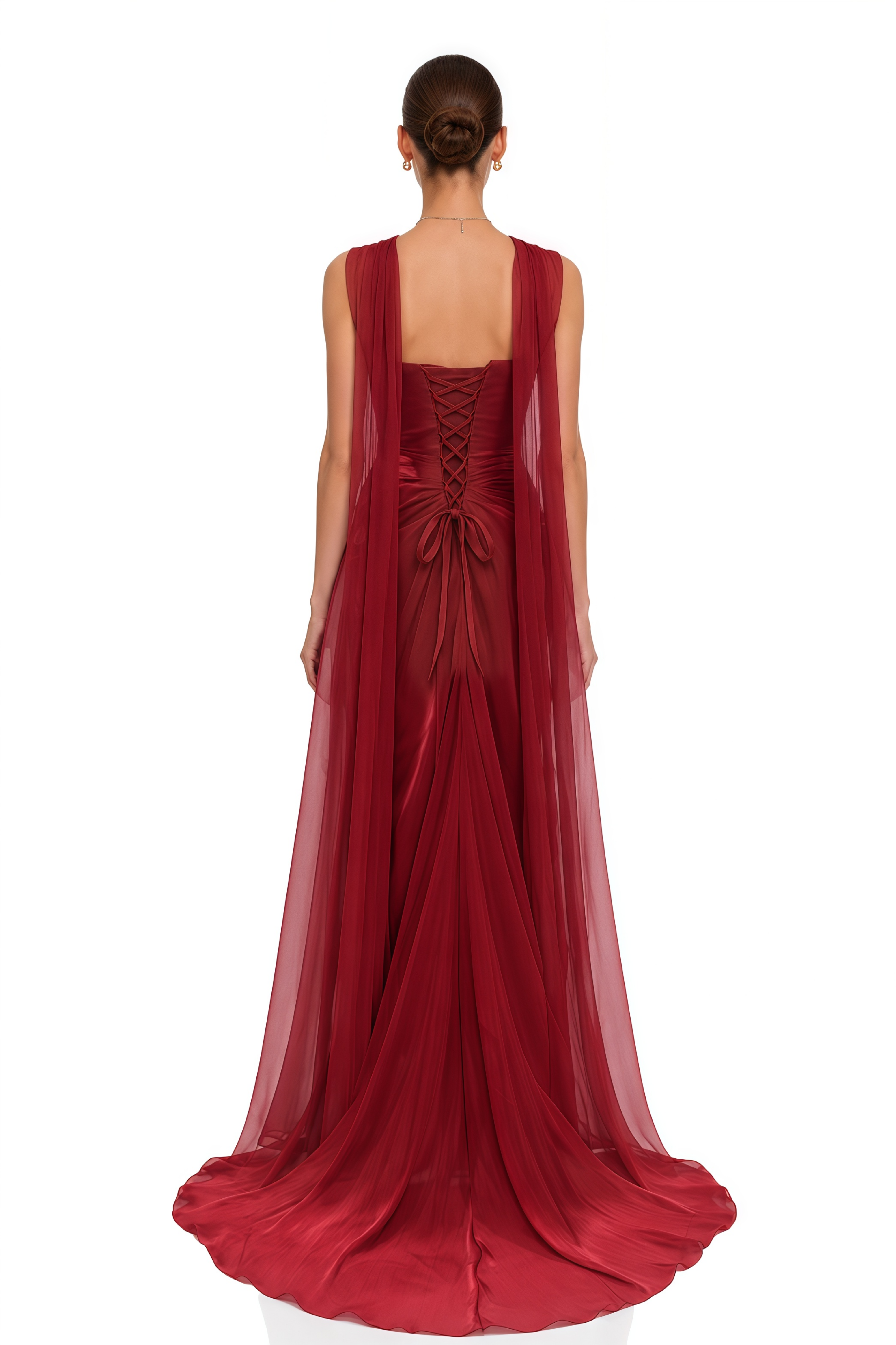 Ismene Red Ruched Strapless Maxi Dress with Scarf