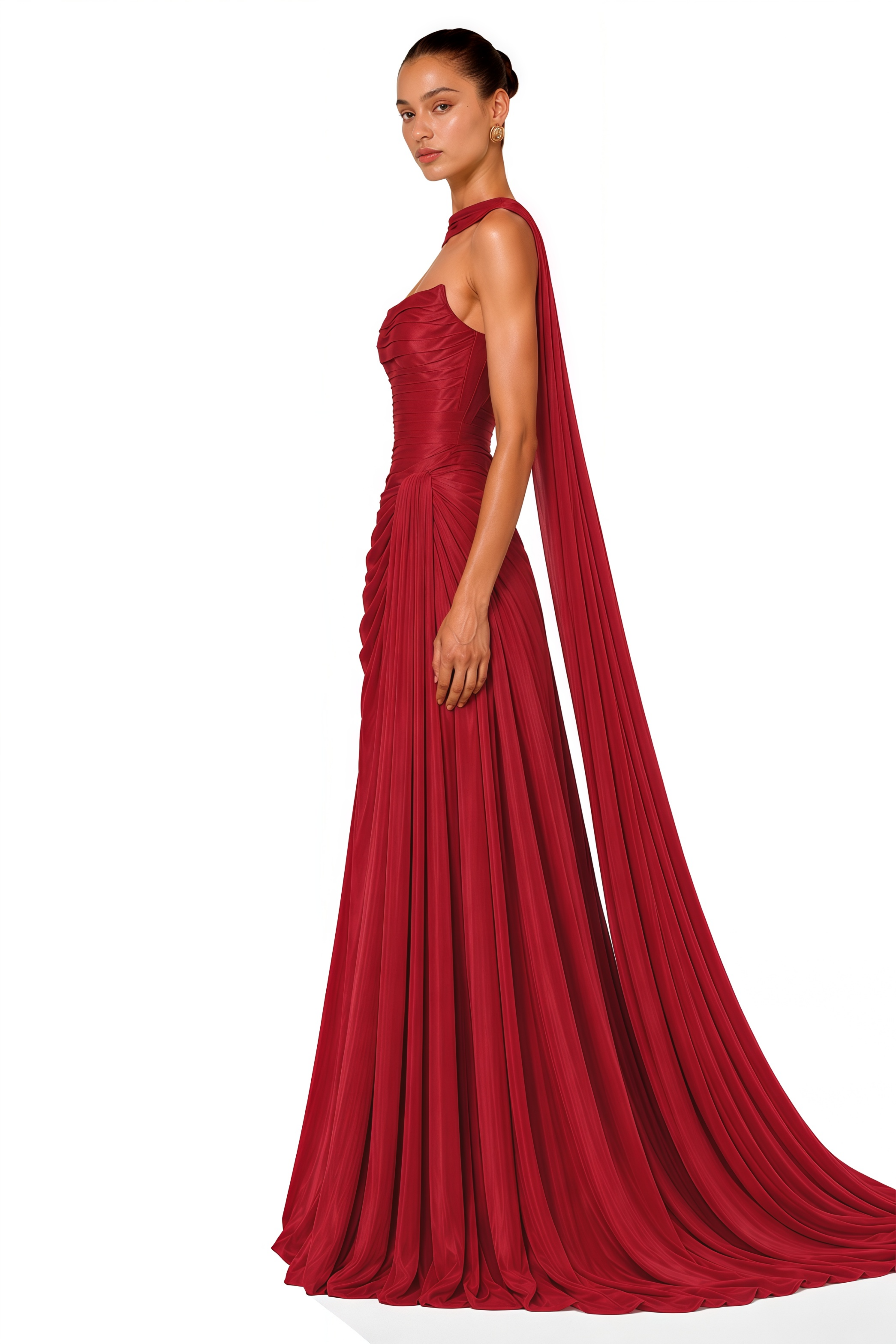 Ismene Red Ruched Strapless Maxi Dress with Scarf