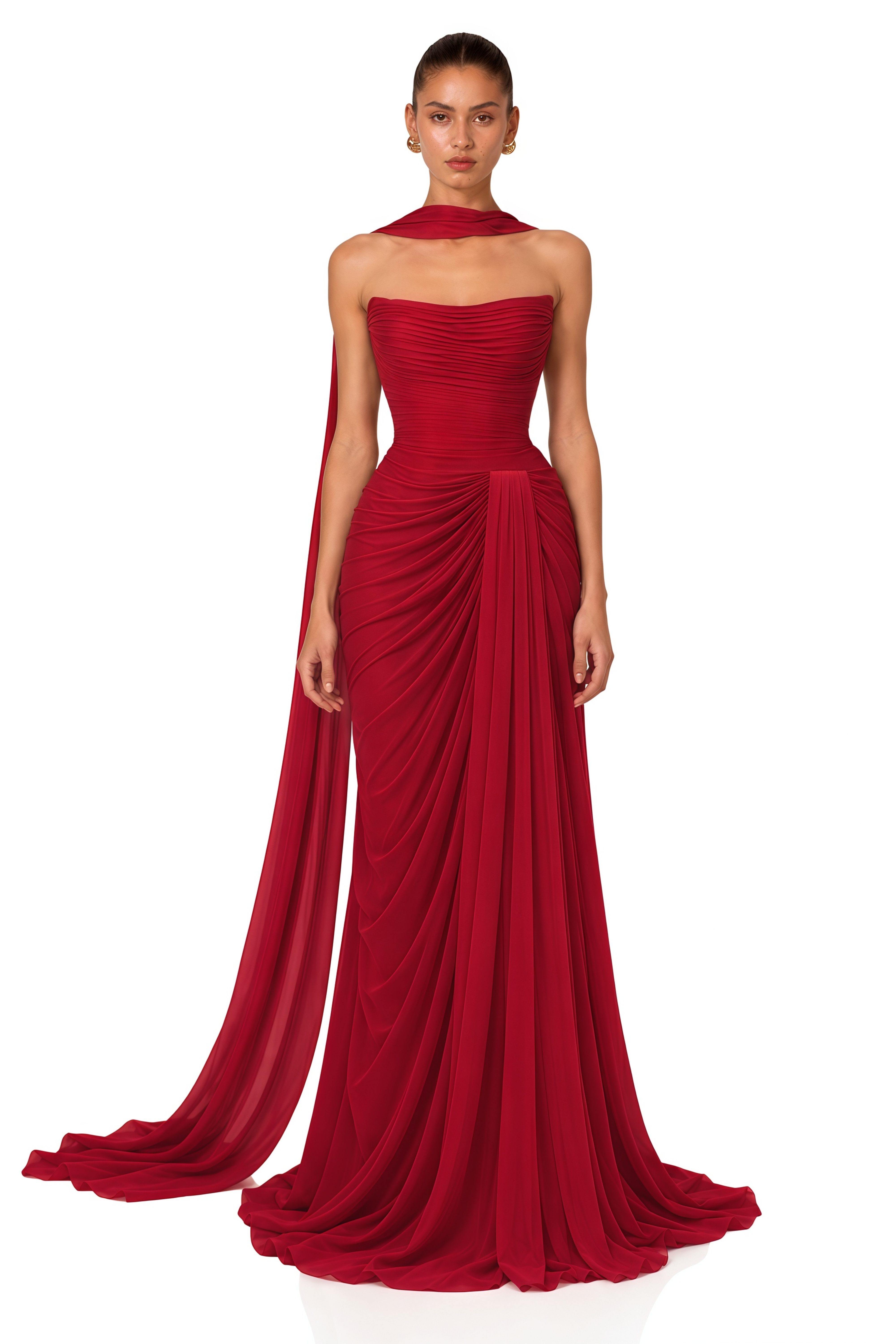 Ismene Red Ruched Strapless Maxi Dress with Scarf