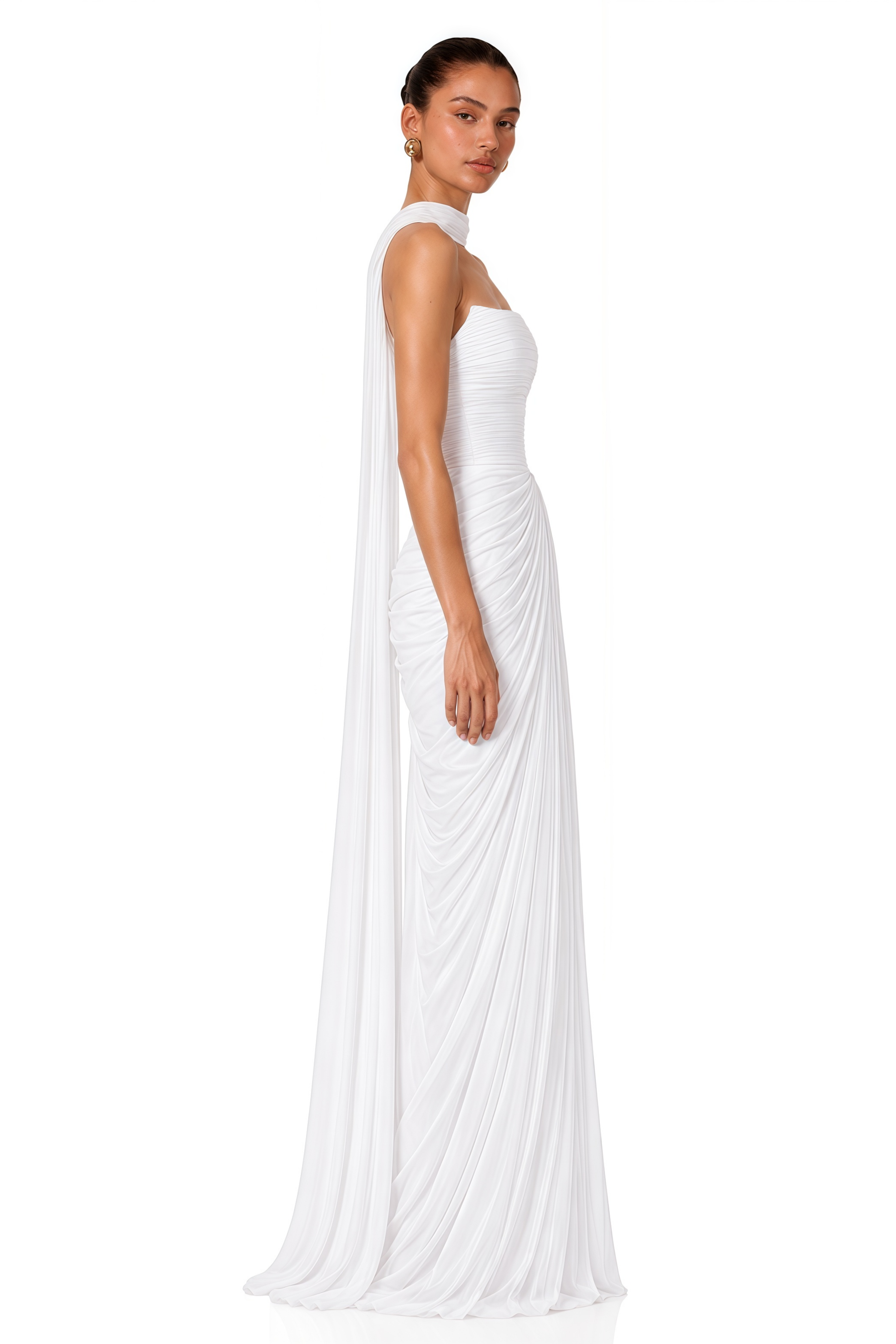 Ismene White Ruched Strapless Maxi Dress with Scarf