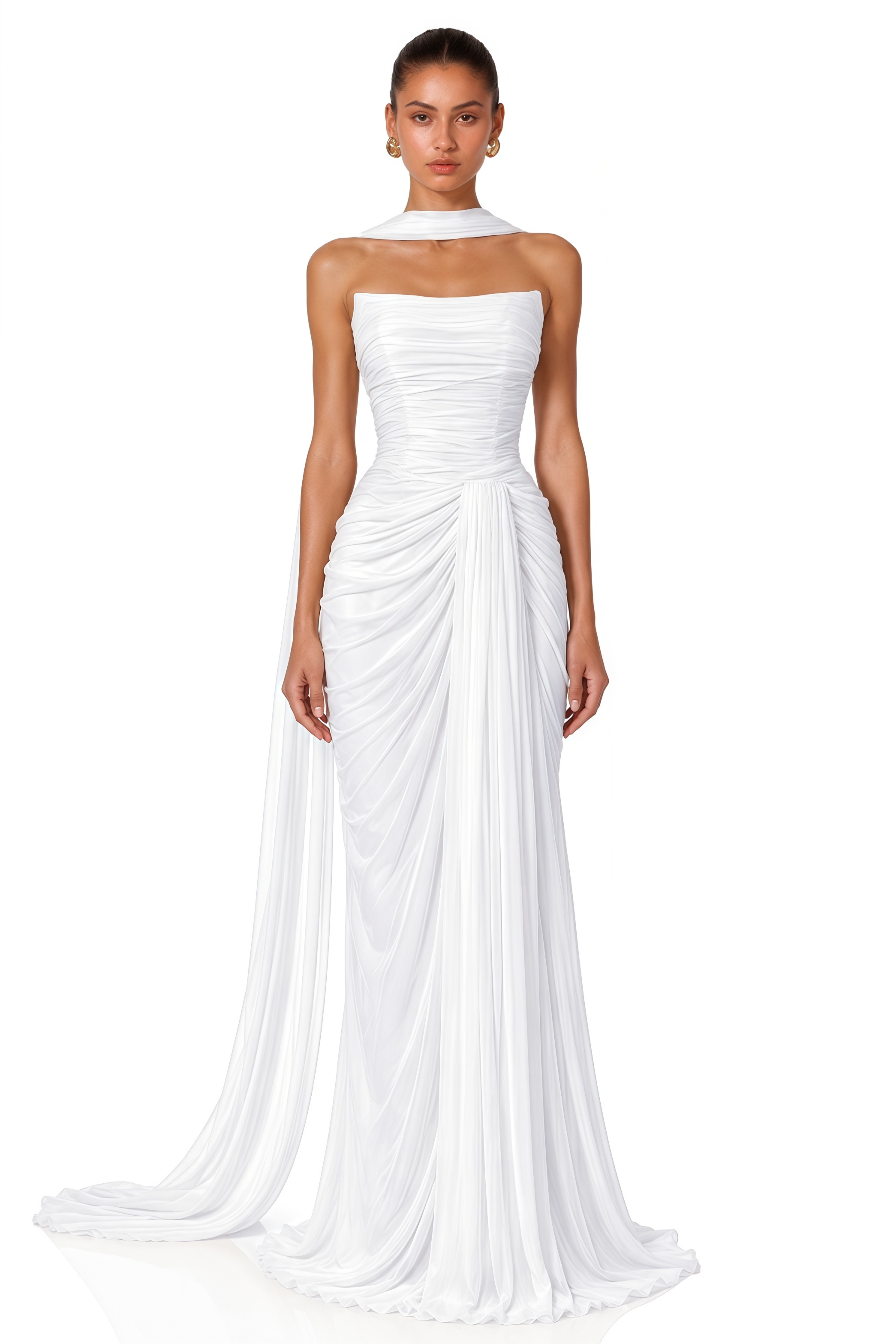 Ismene White Ruched Strapless Maxi Dress with Scarf