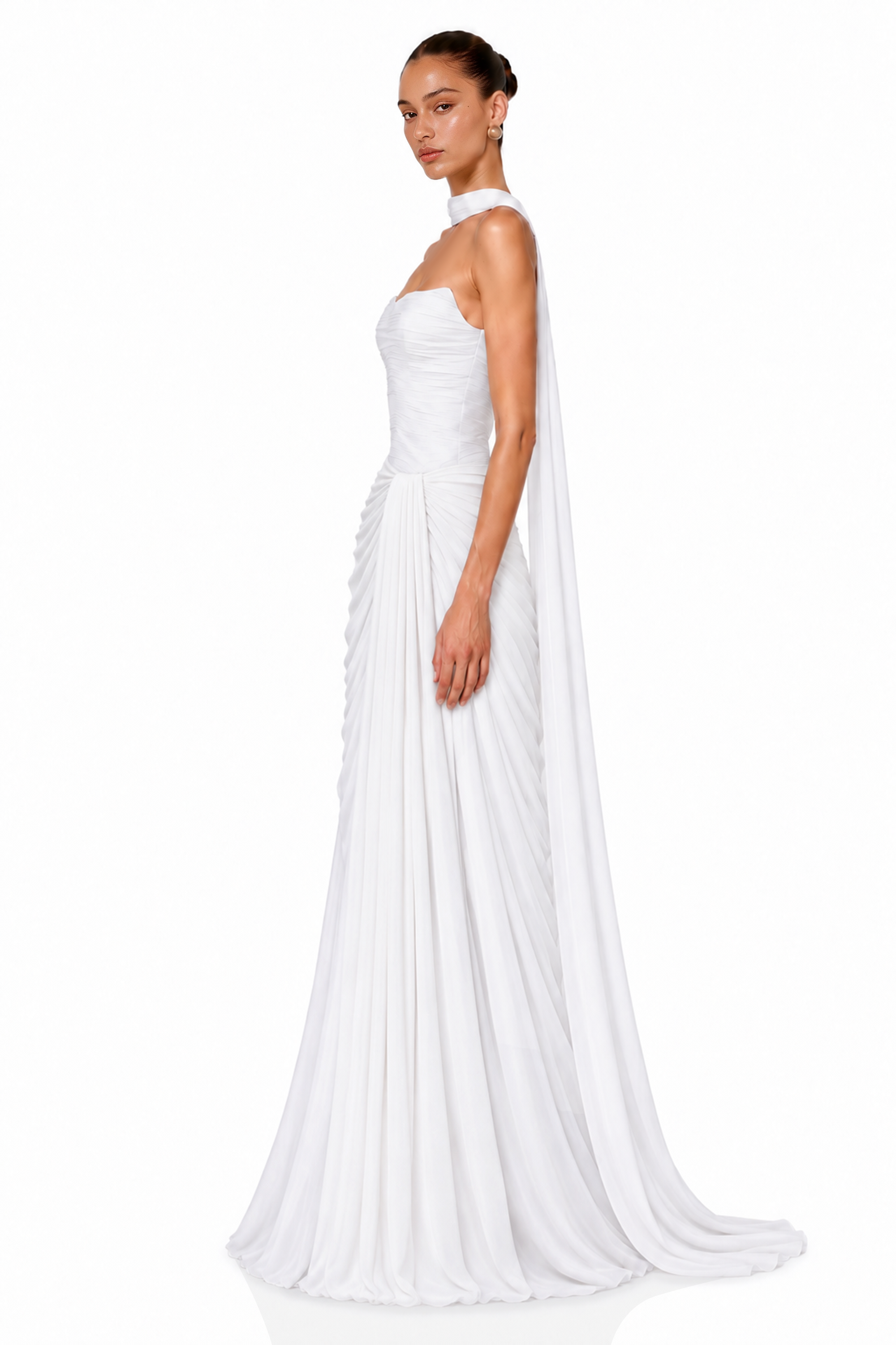 Ismene White Ruched Strapless Maxi Dress with Scarf