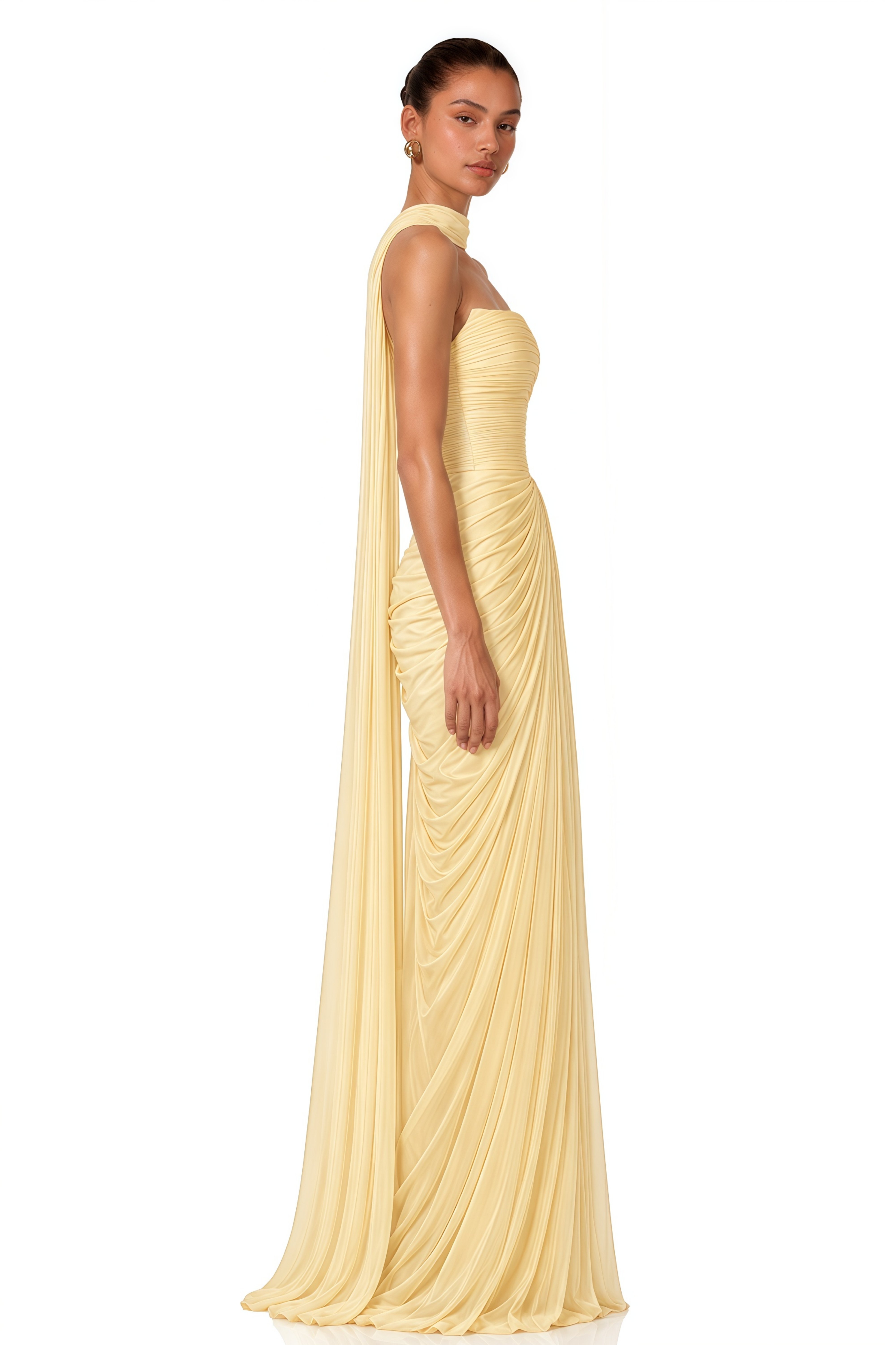 Ismene Yellow Ruched Strapless Maxi Dress with Scarf