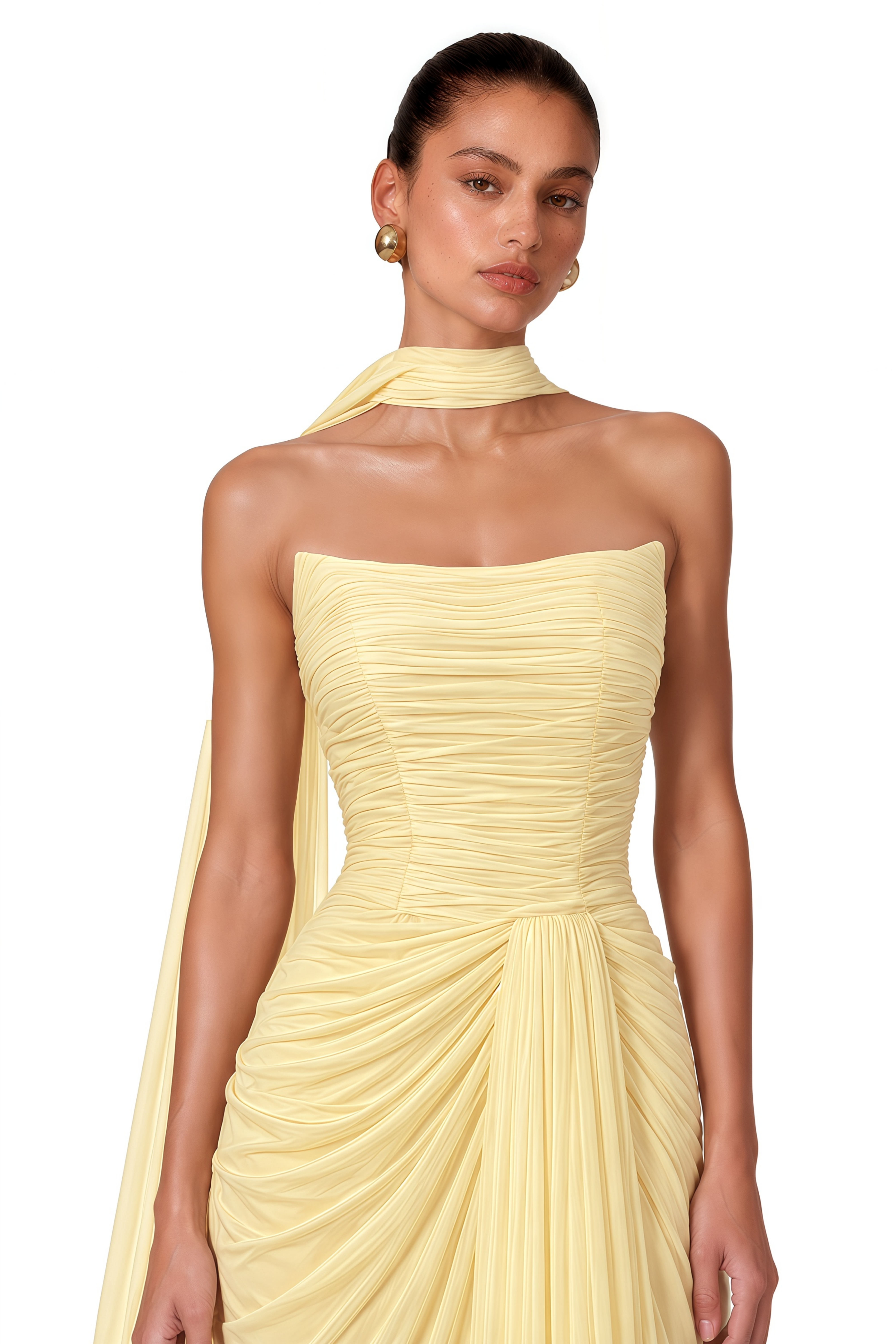 Ismene Yellow Ruched Strapless Maxi Dress with Scarf