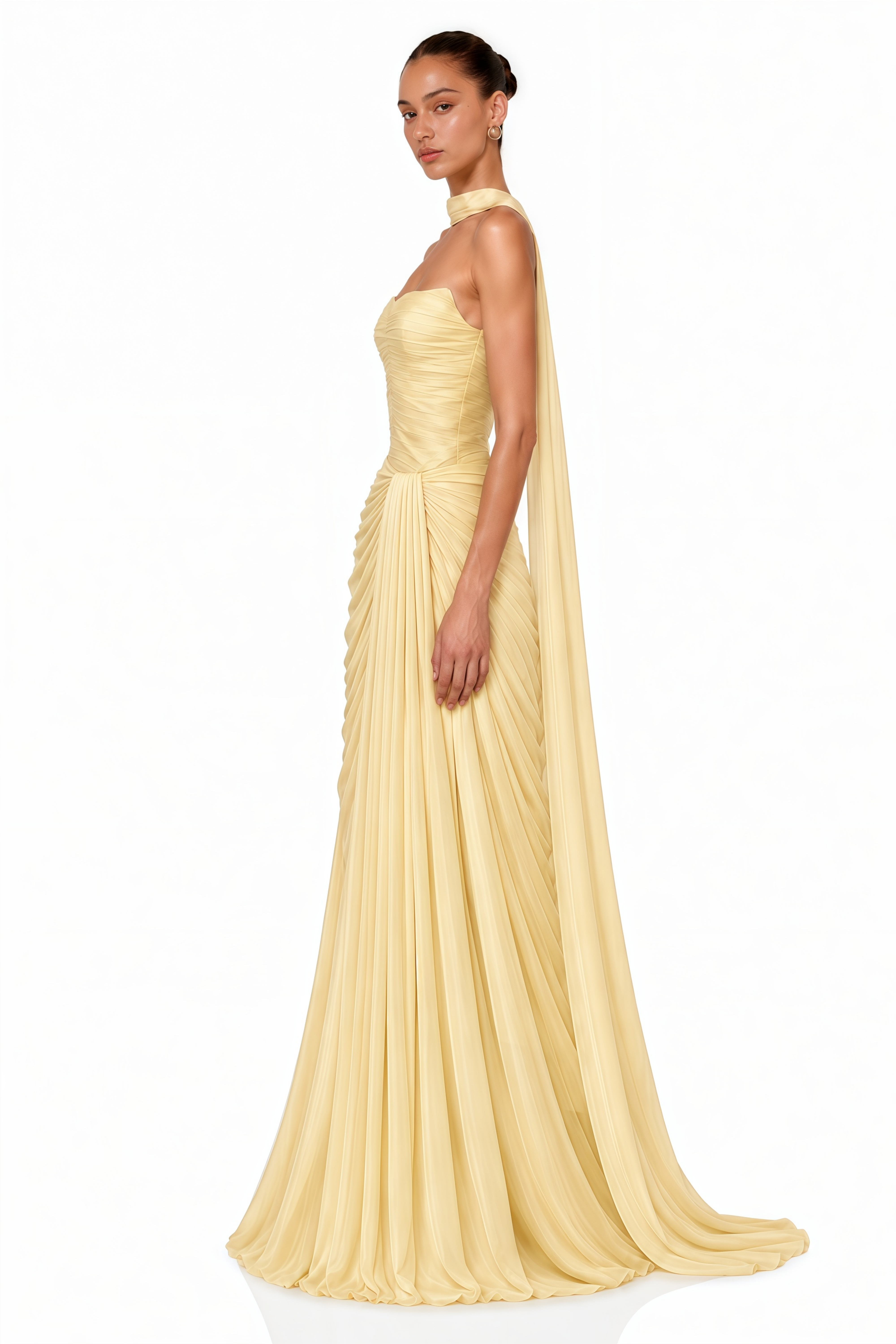 Ismene Yellow Ruched Strapless Maxi Dress with Scarf