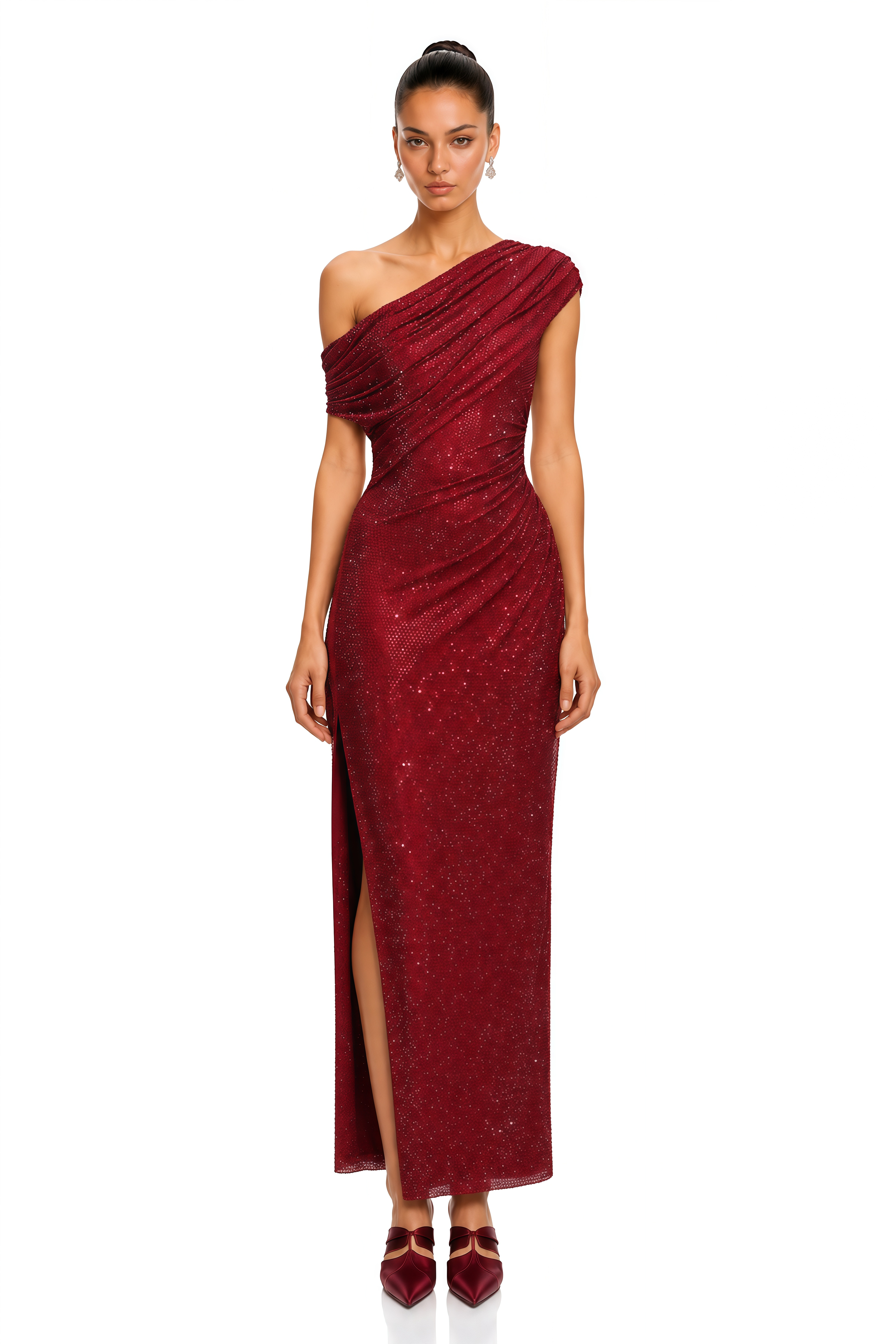 Isolde Burgundy Sequin Draped One Shoulder Maxi Dress