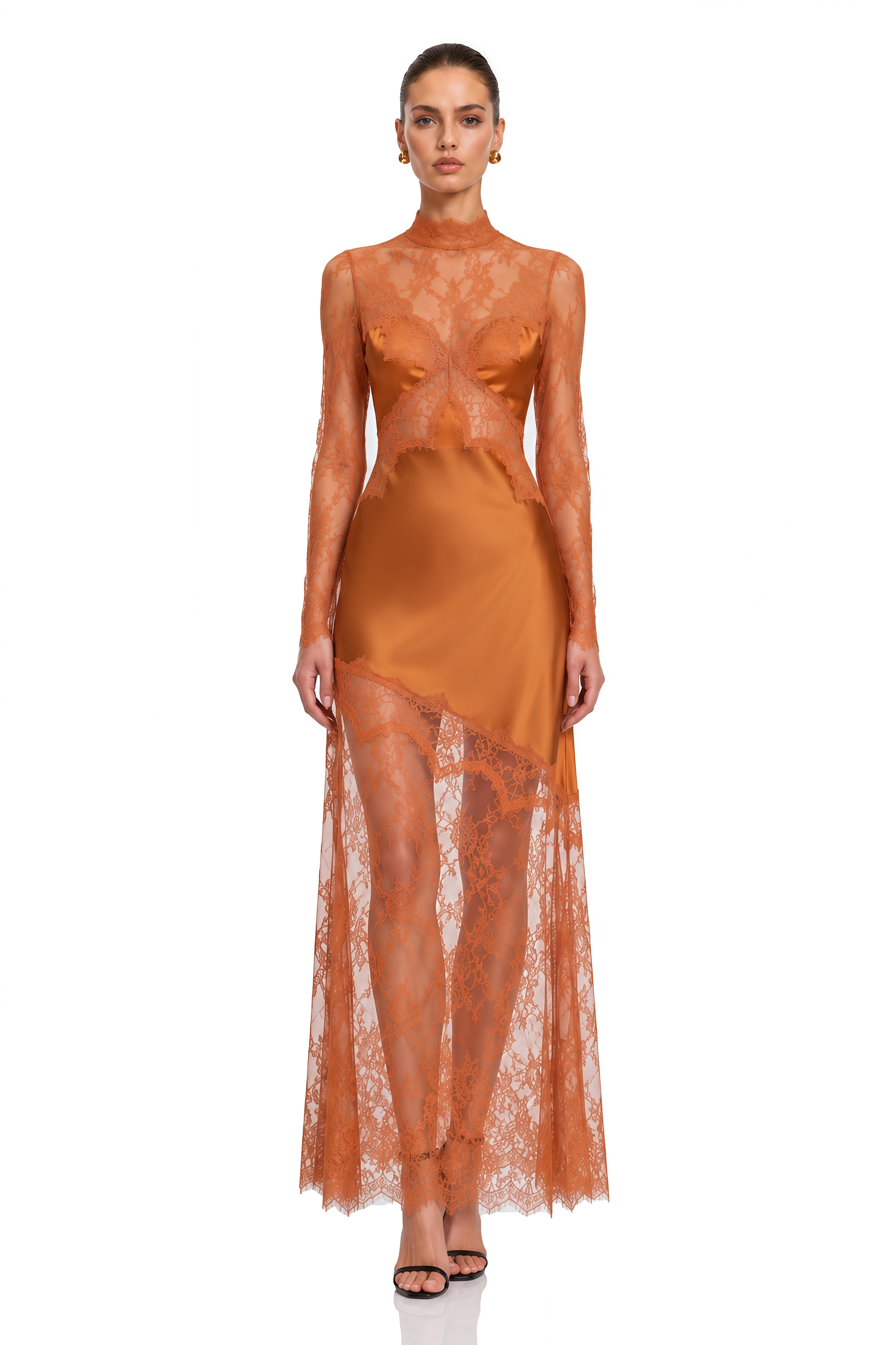 Ivy Brown Lace Satin Maxi Dress