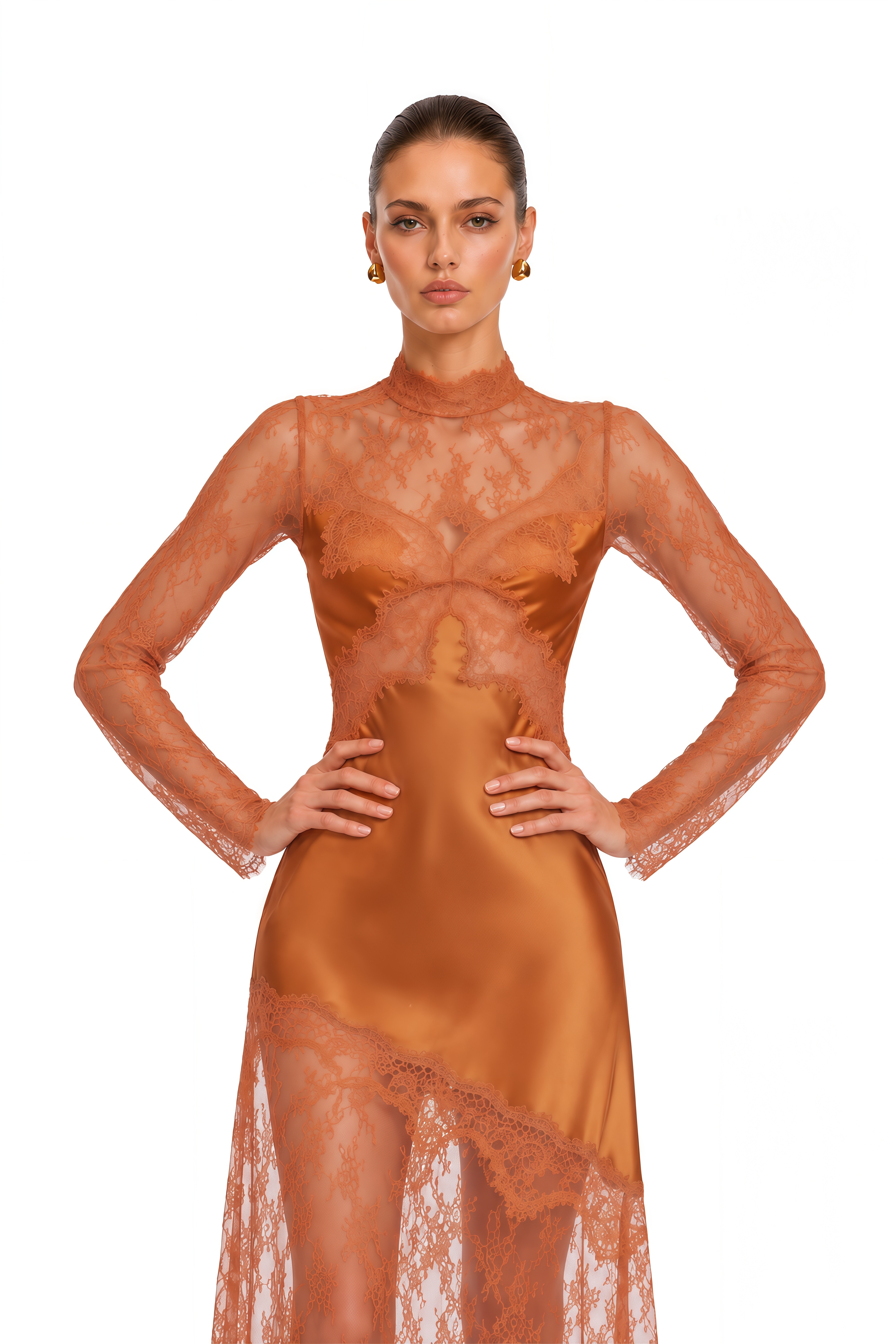 Ivy Brown Lace Satin Maxi Dress