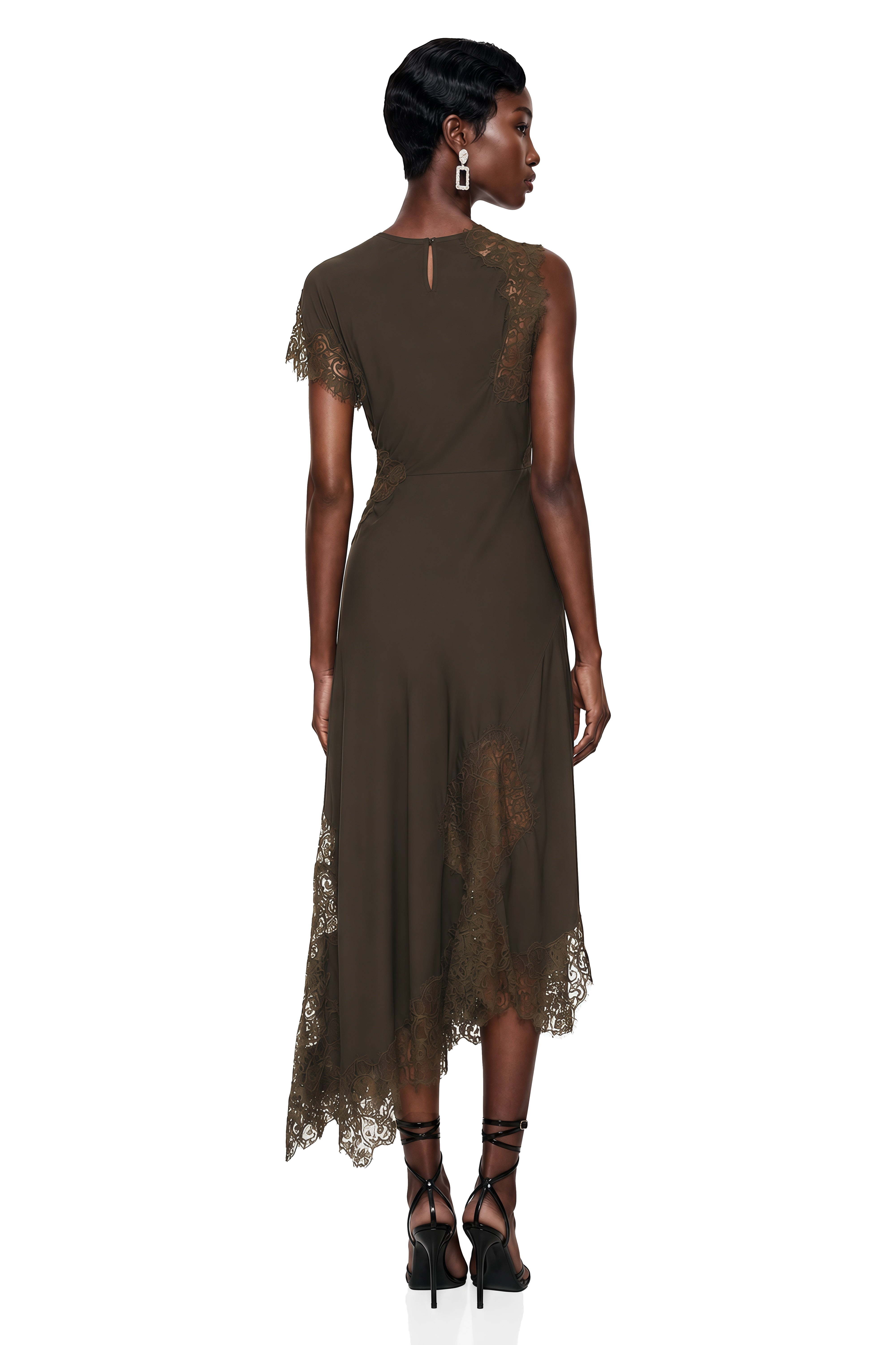 Jacinta Chocolate Brown Asymmetrical Midi Dress with Lace Panels