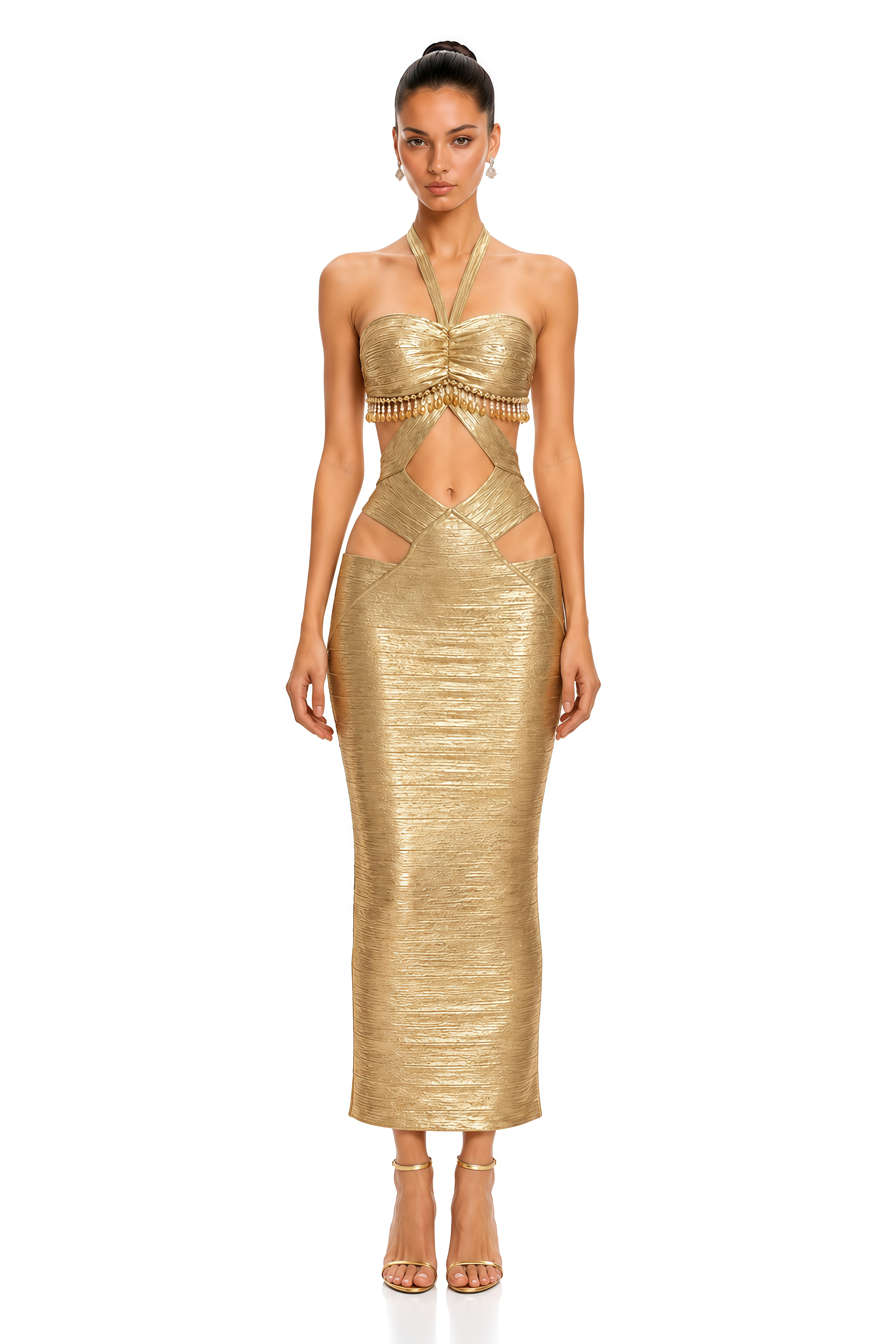 Jael Gold Metallic Cut-Out Halterneck Midi Dress