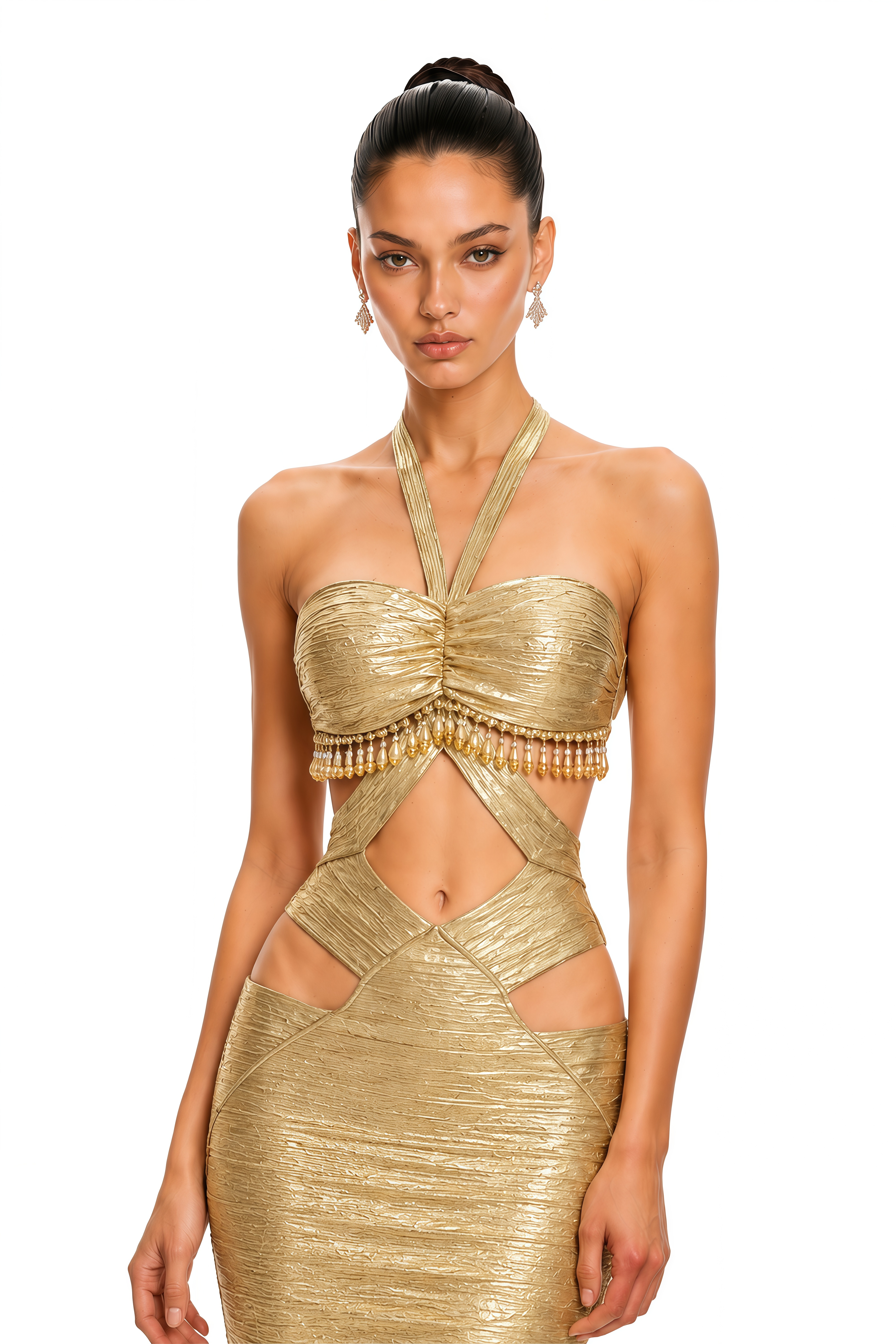 Jael Gold Metallic Cut-Out Halterneck Midi Dress
