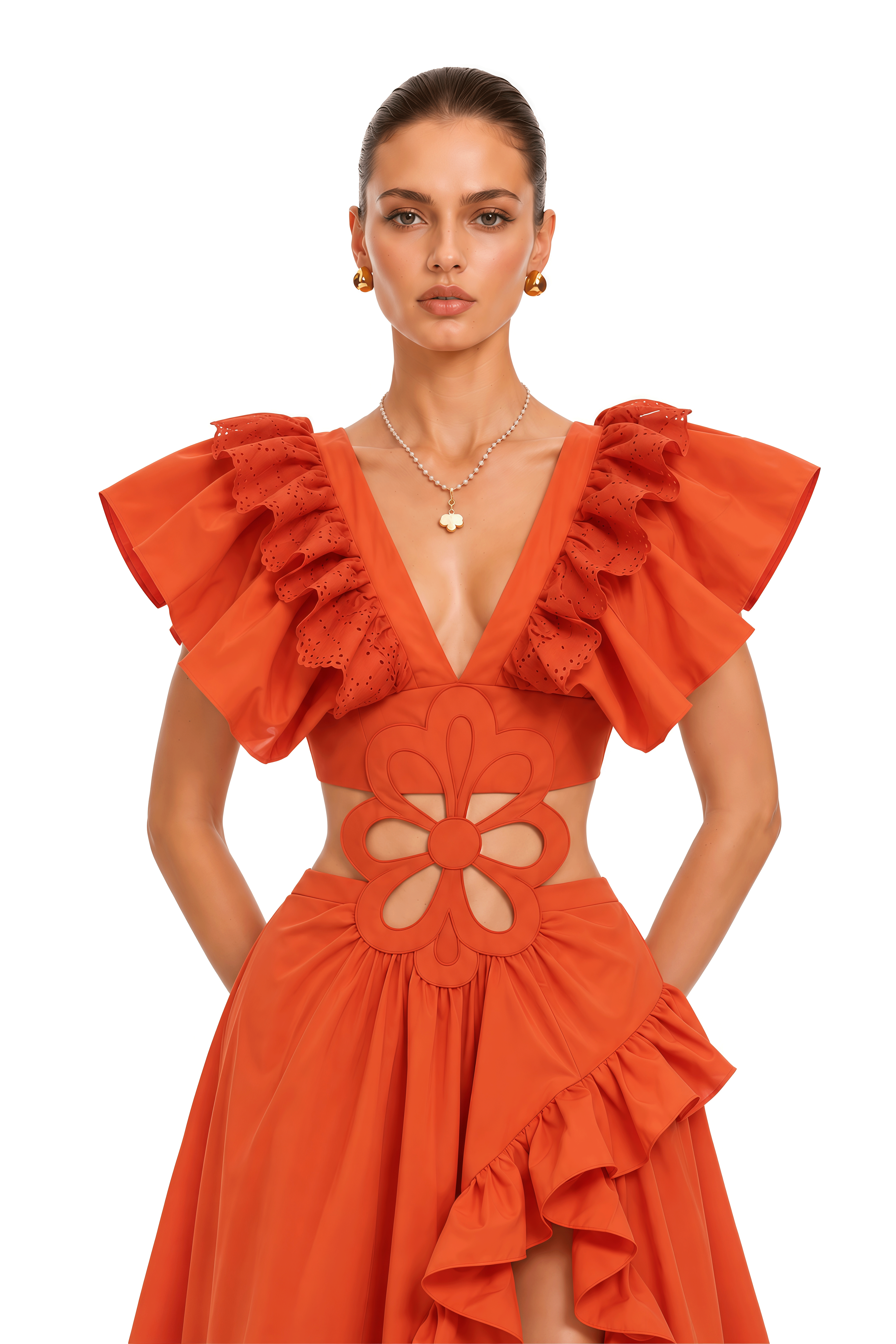 Jamila Orange Floral Cut-Out Ruffle Maxi Dress