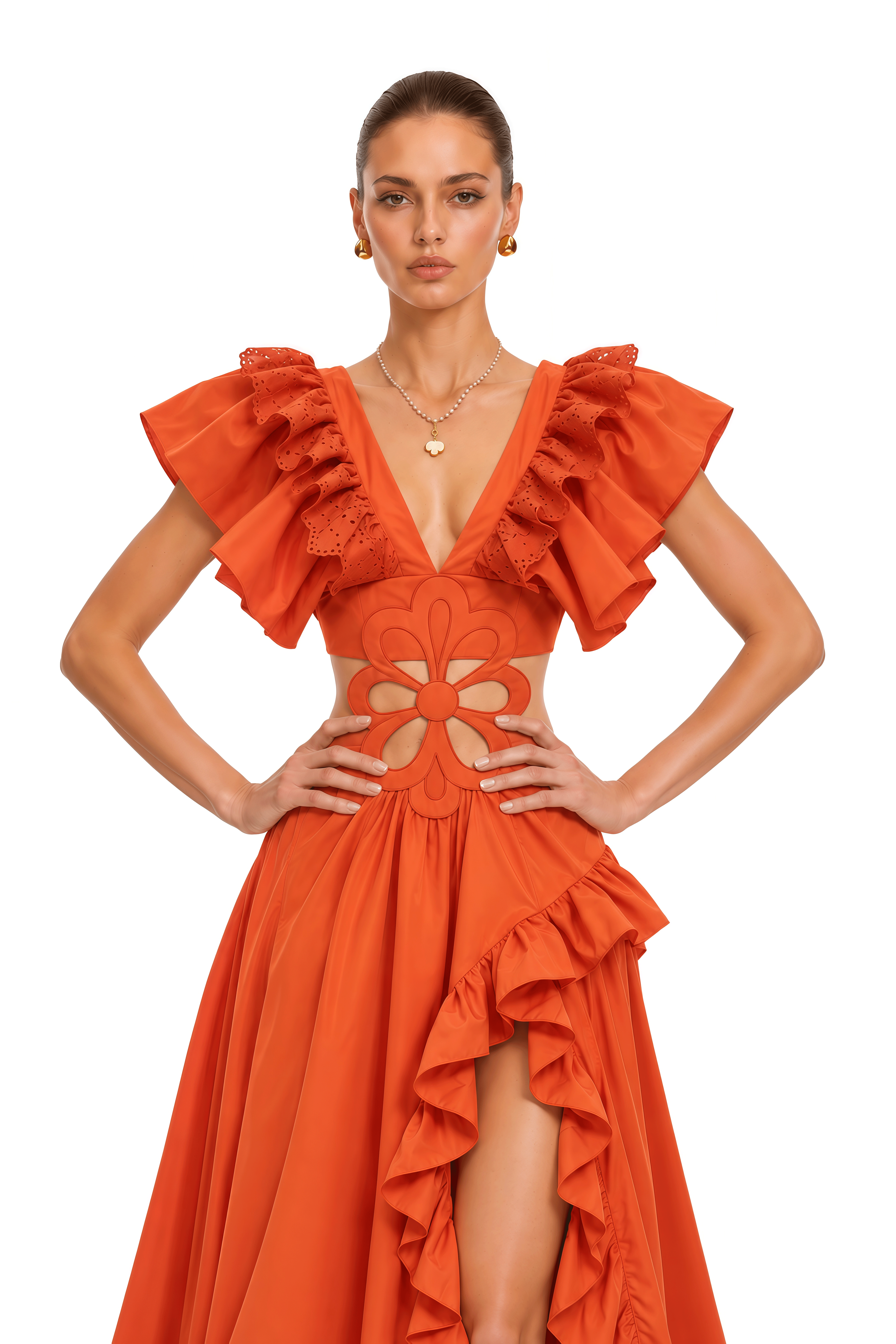 Jamila Orange Floral Cut-Out Ruffle Maxi Dress