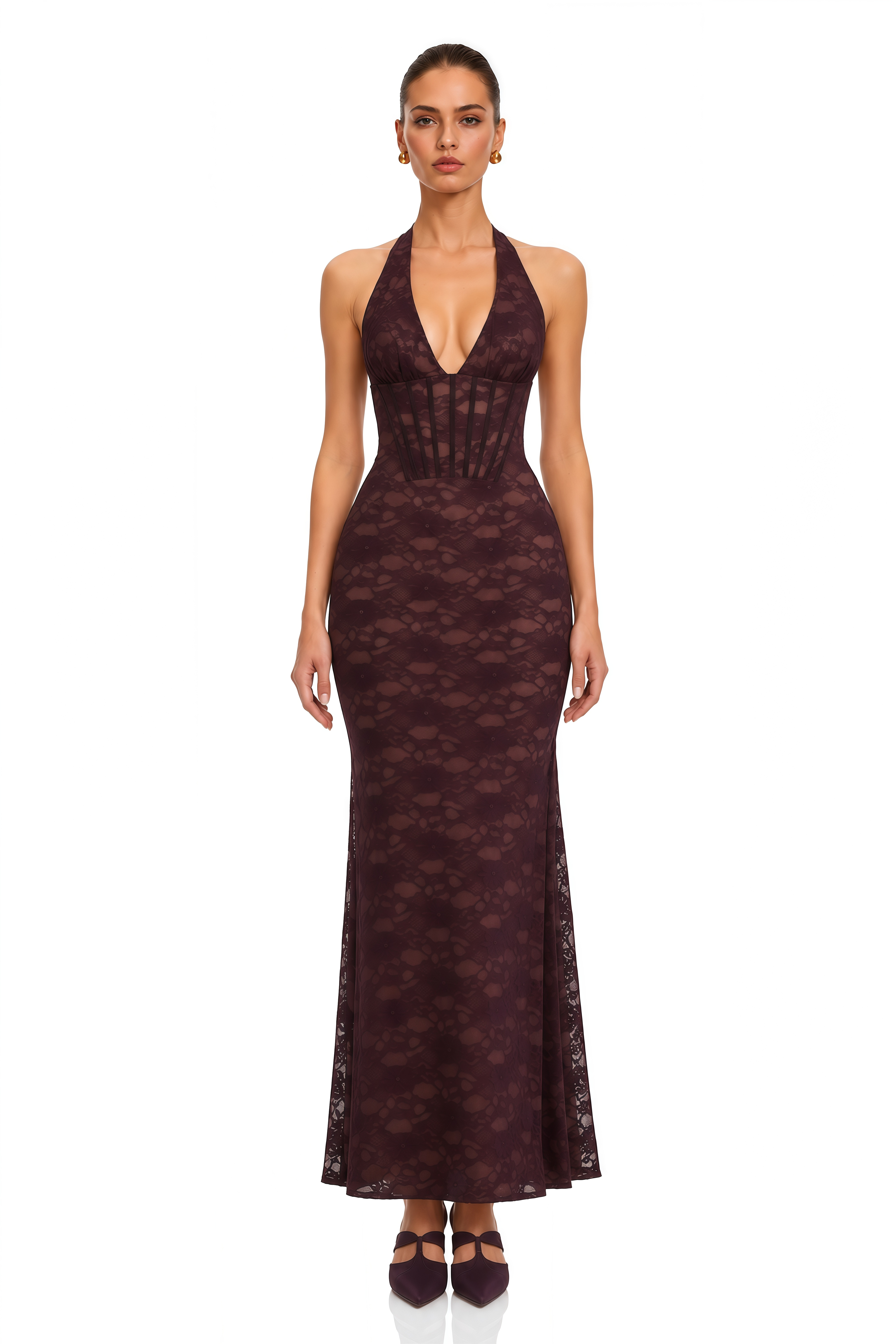Janiyah Brown Lace Corset Halter Maxi Dress