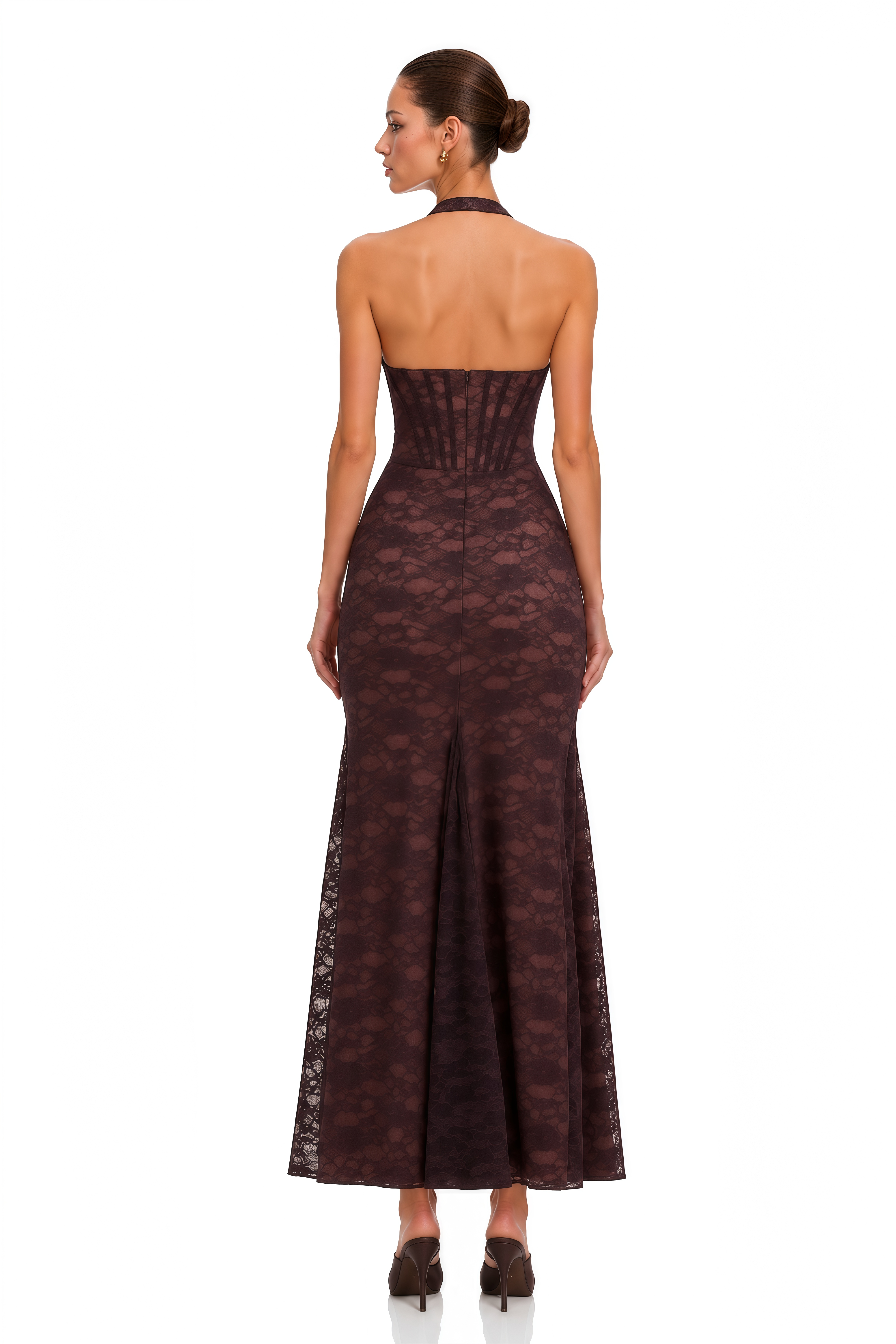Janiyah Brown Lace Corset Halter Maxi Dress