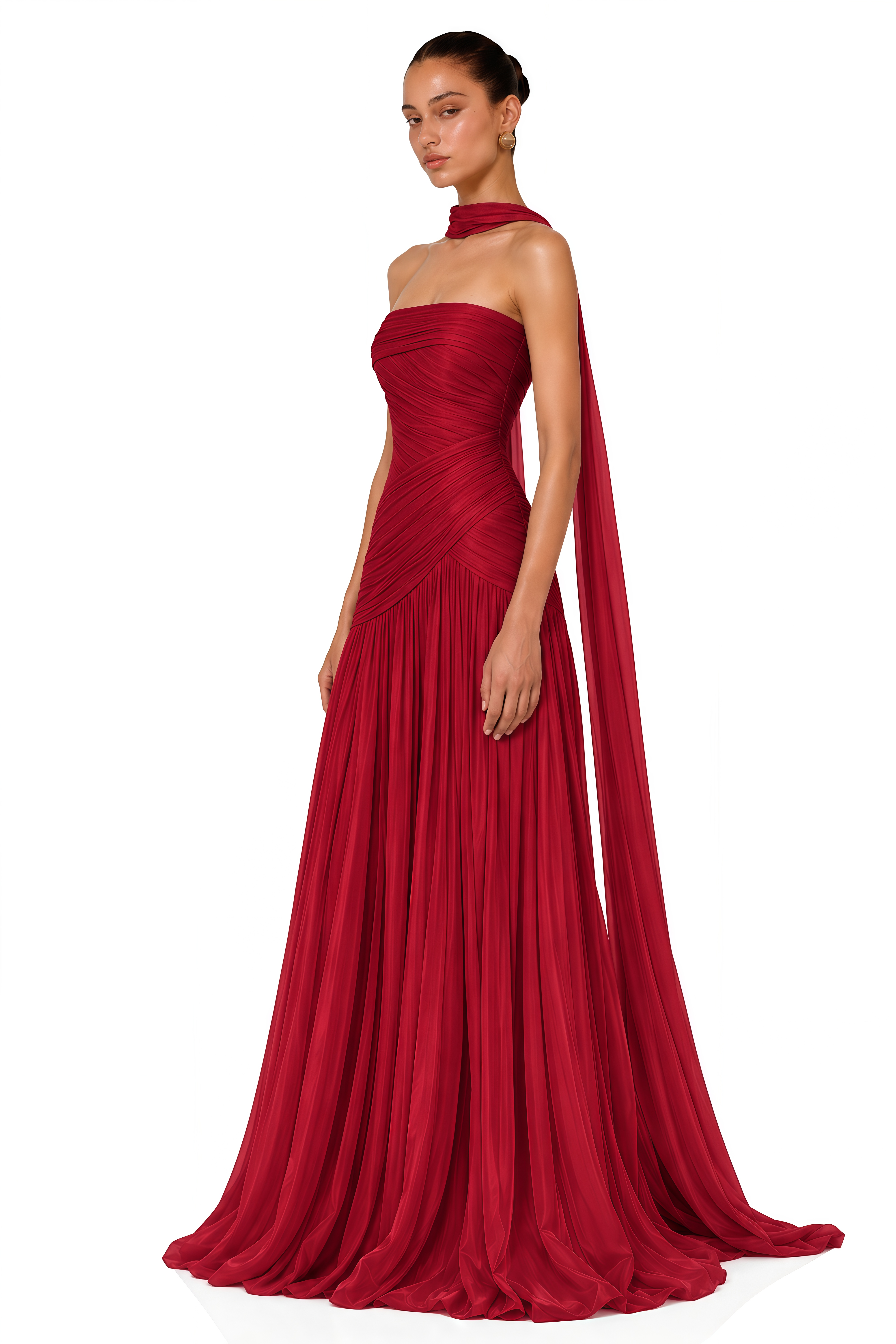 Jannat Red Draped Pleated Maxi Dress with Scarf
