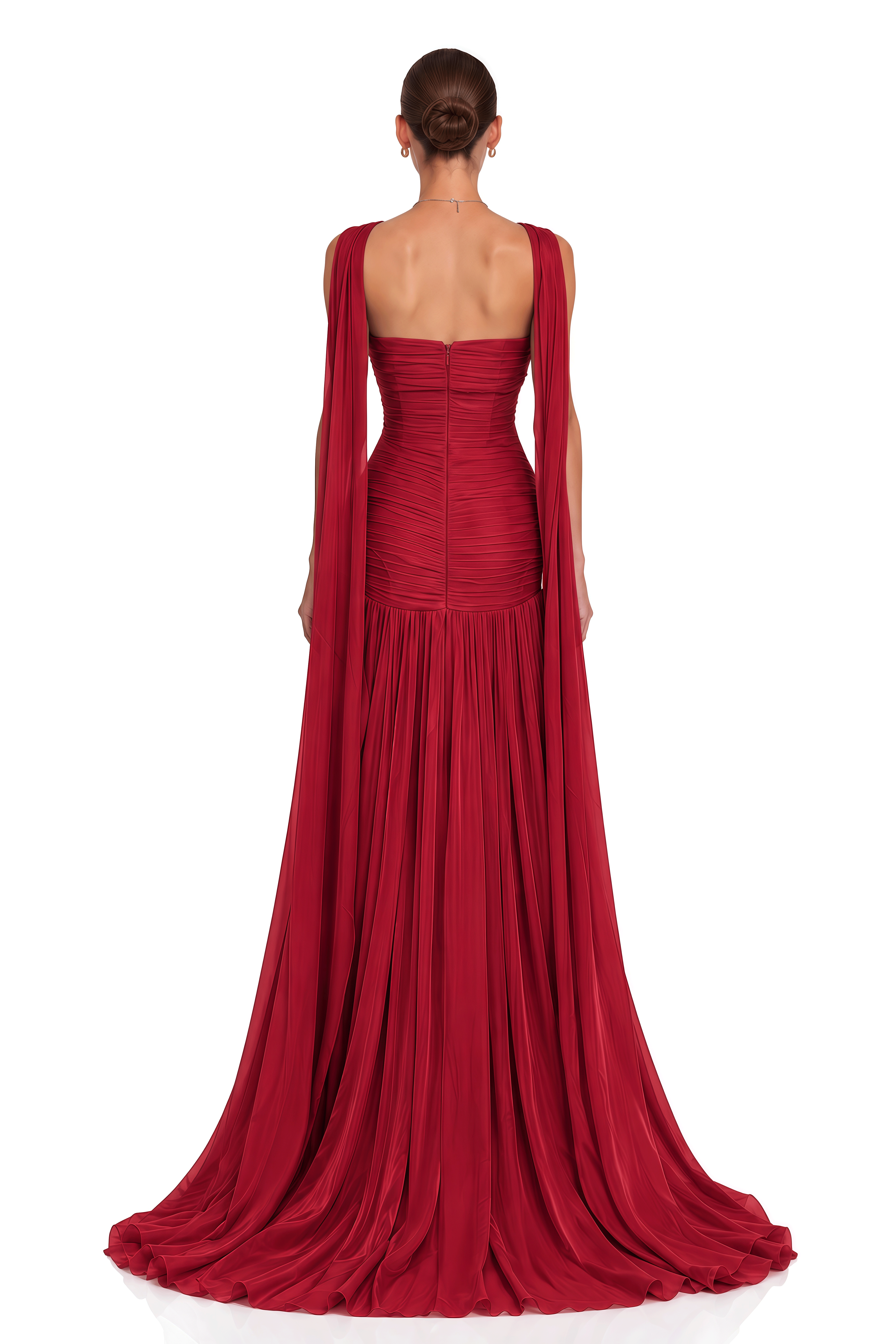 Jannat Red Draped Pleated Maxi Dress with Scarf