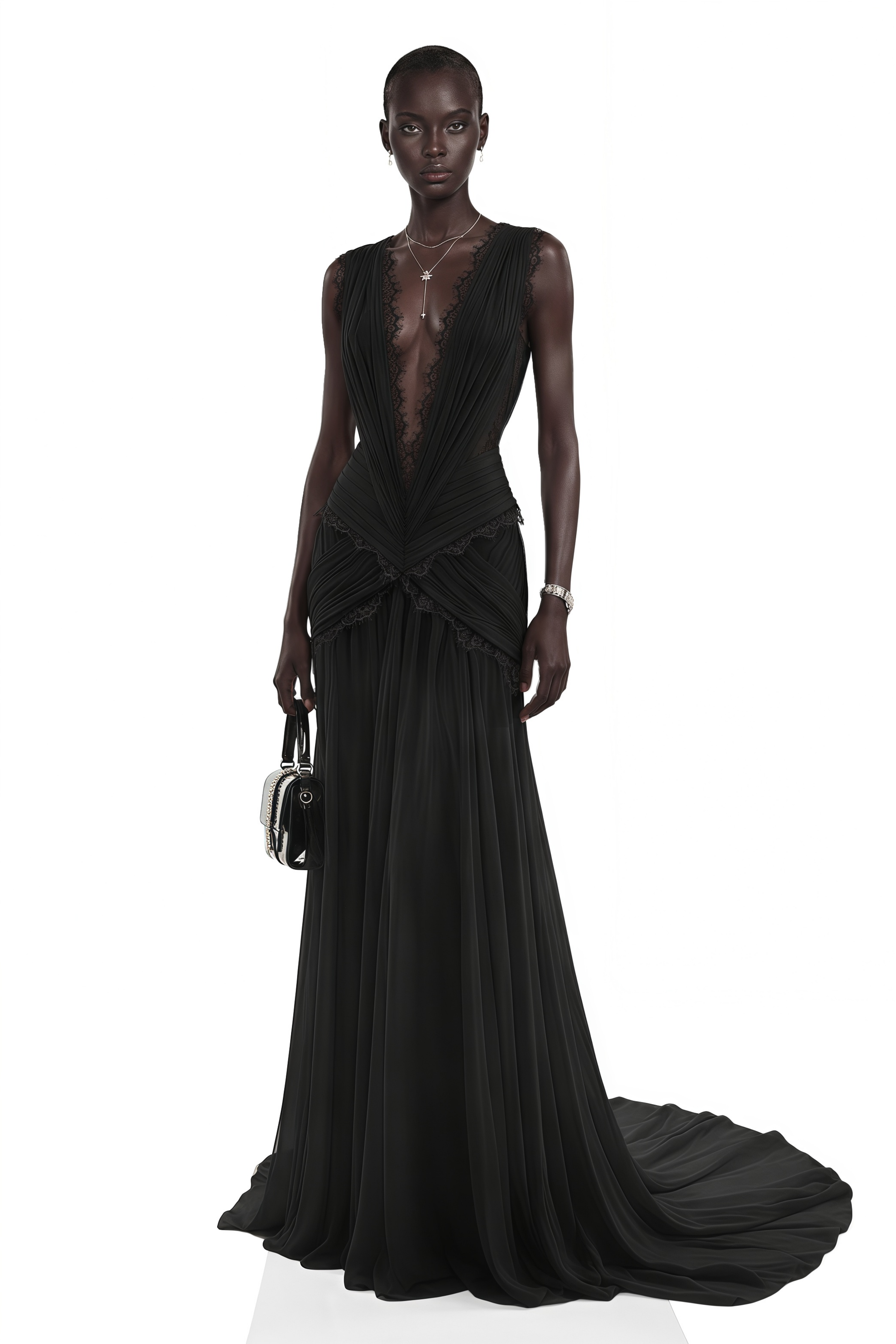 Jasmine Black Plunge Neck Ruched Maxi Dress