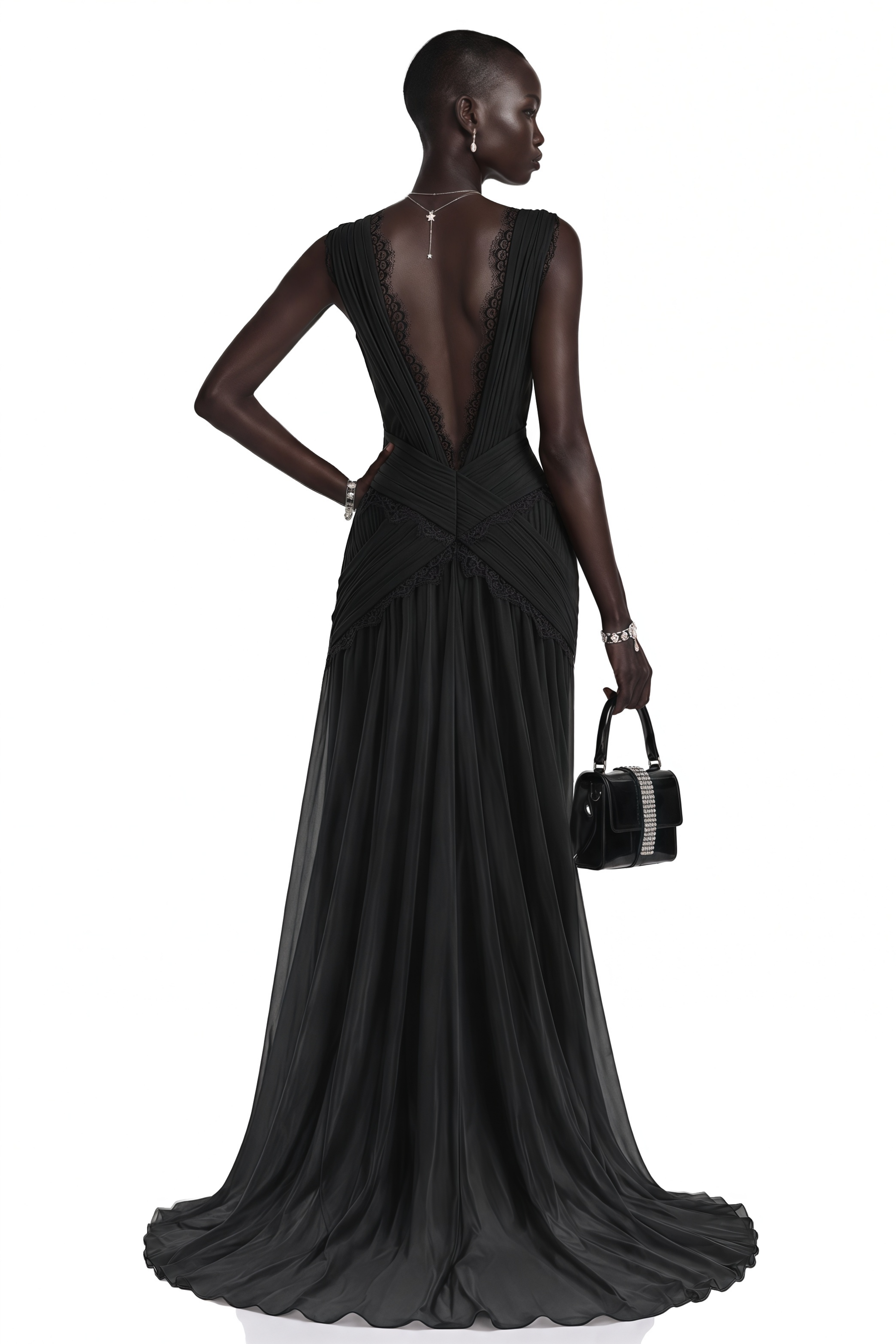Jasmine Black Plunge Neck Ruched Maxi Dress