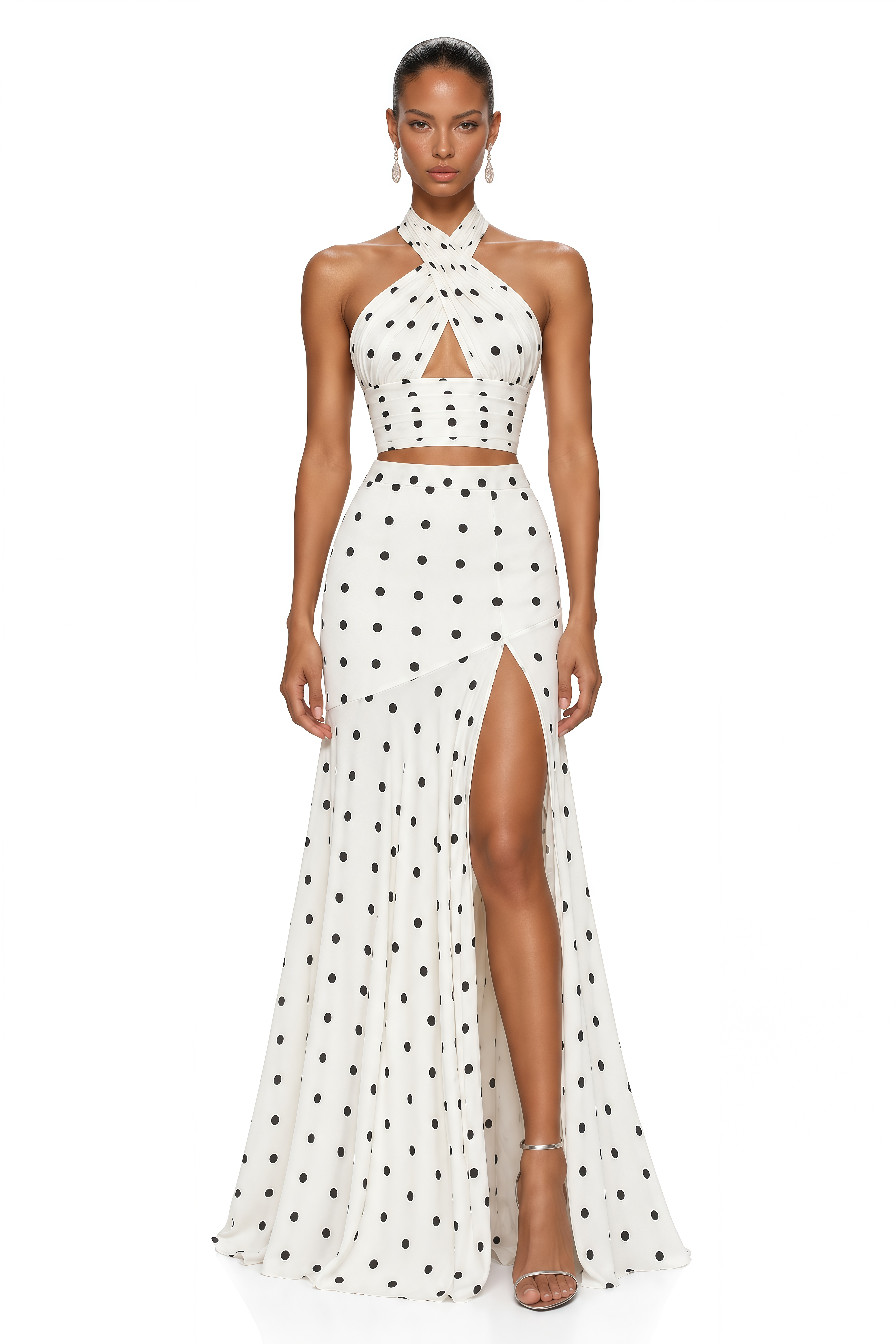 Jemima White Polka Dot Halter Top & Slit Maxi Skirt Set