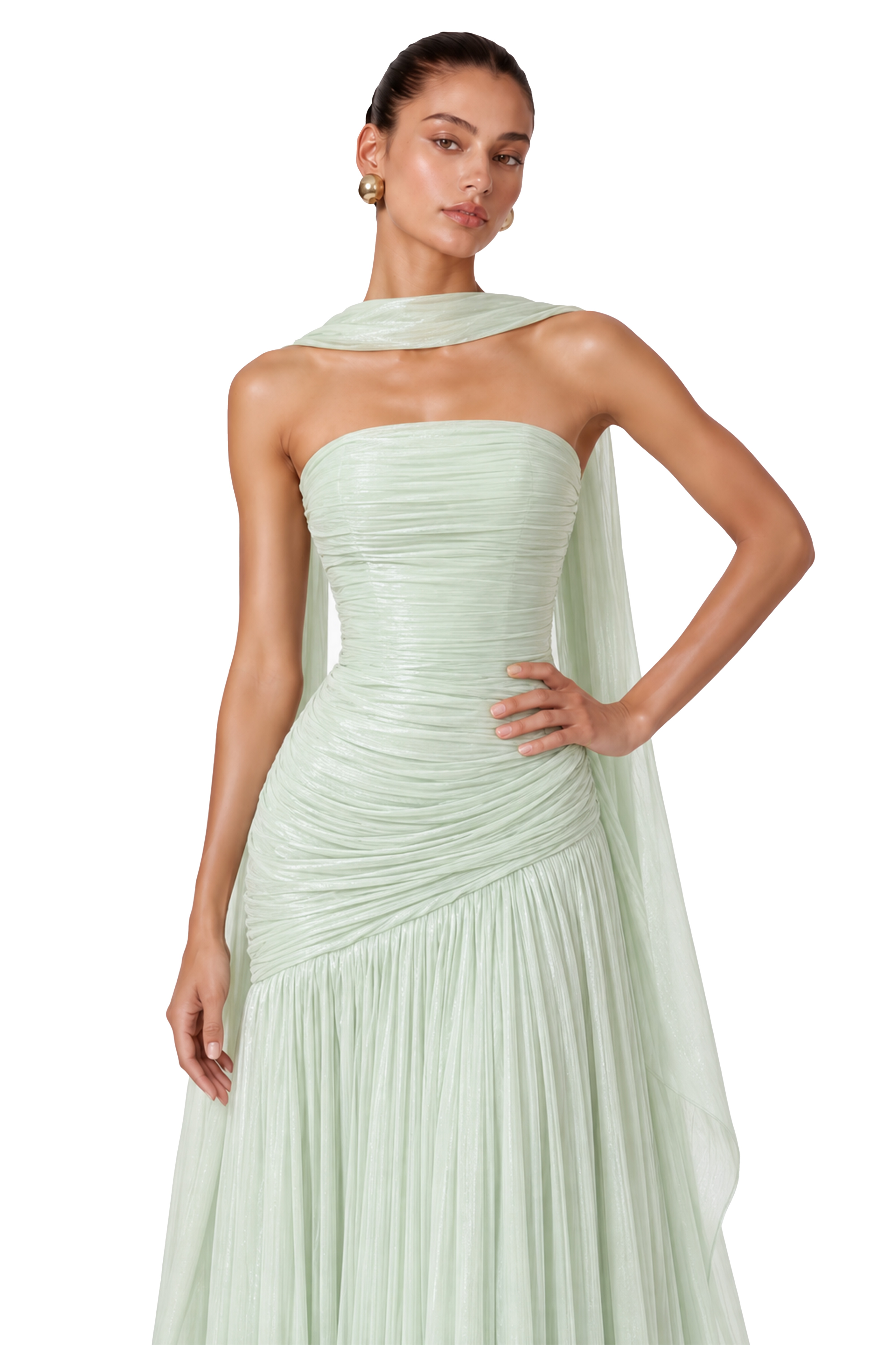 Jenna Mint Green Ruched Strapless Maxi Dress with Scarf
