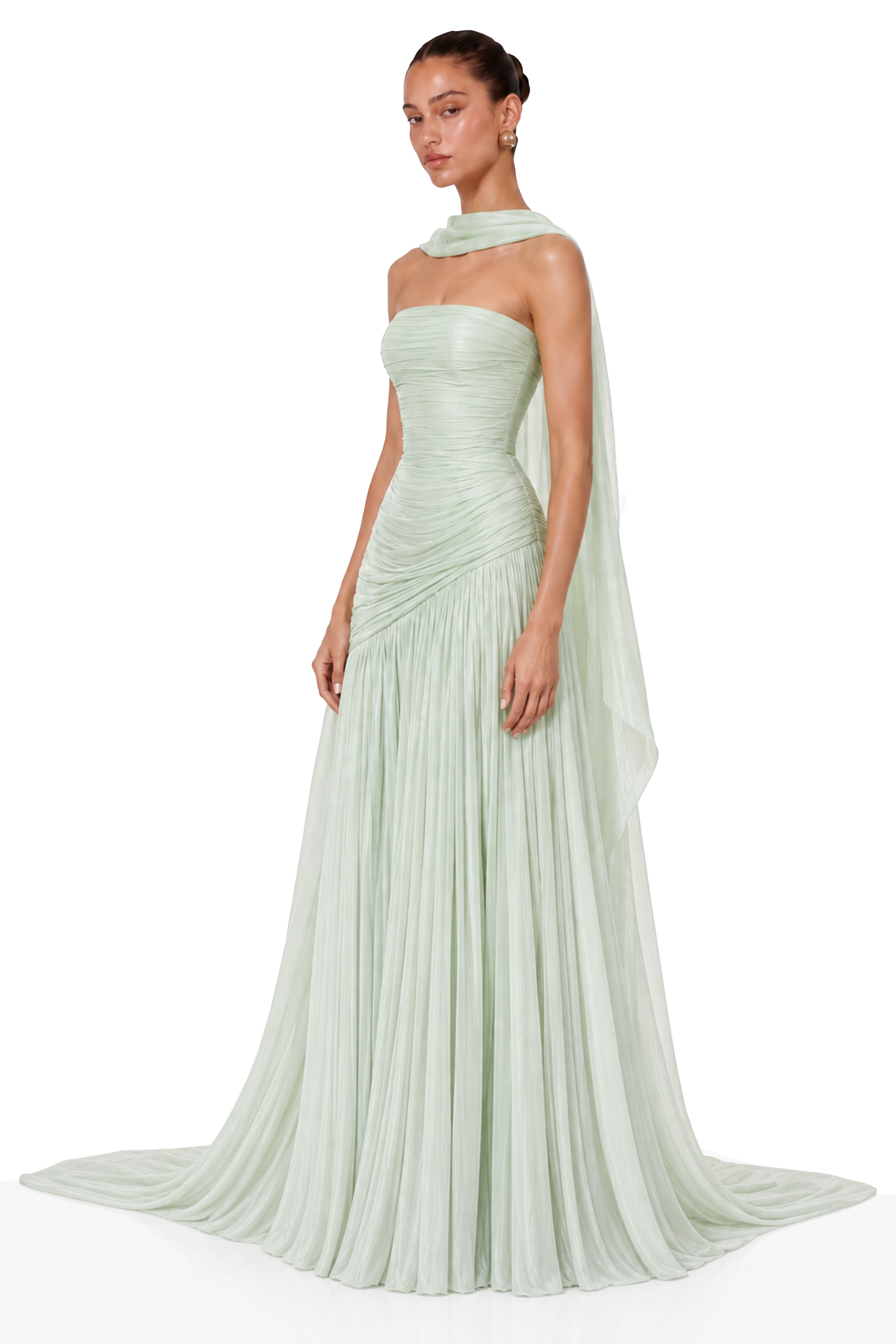 Jenna Mint Green Ruched Strapless Maxi Dress with Scarf