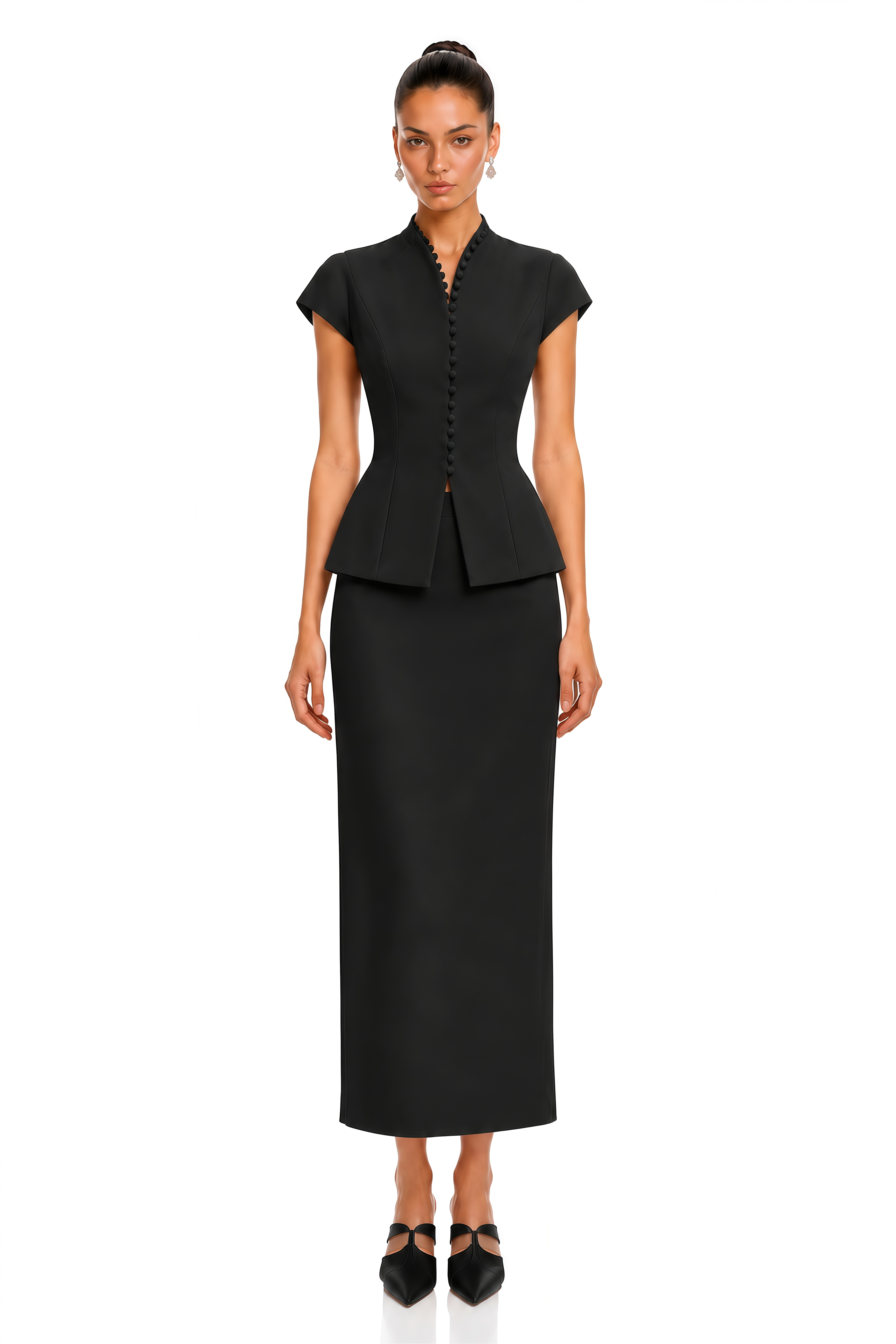 Joana Black Cap Sleeve Peplum Jacket & Midi Skirt Set