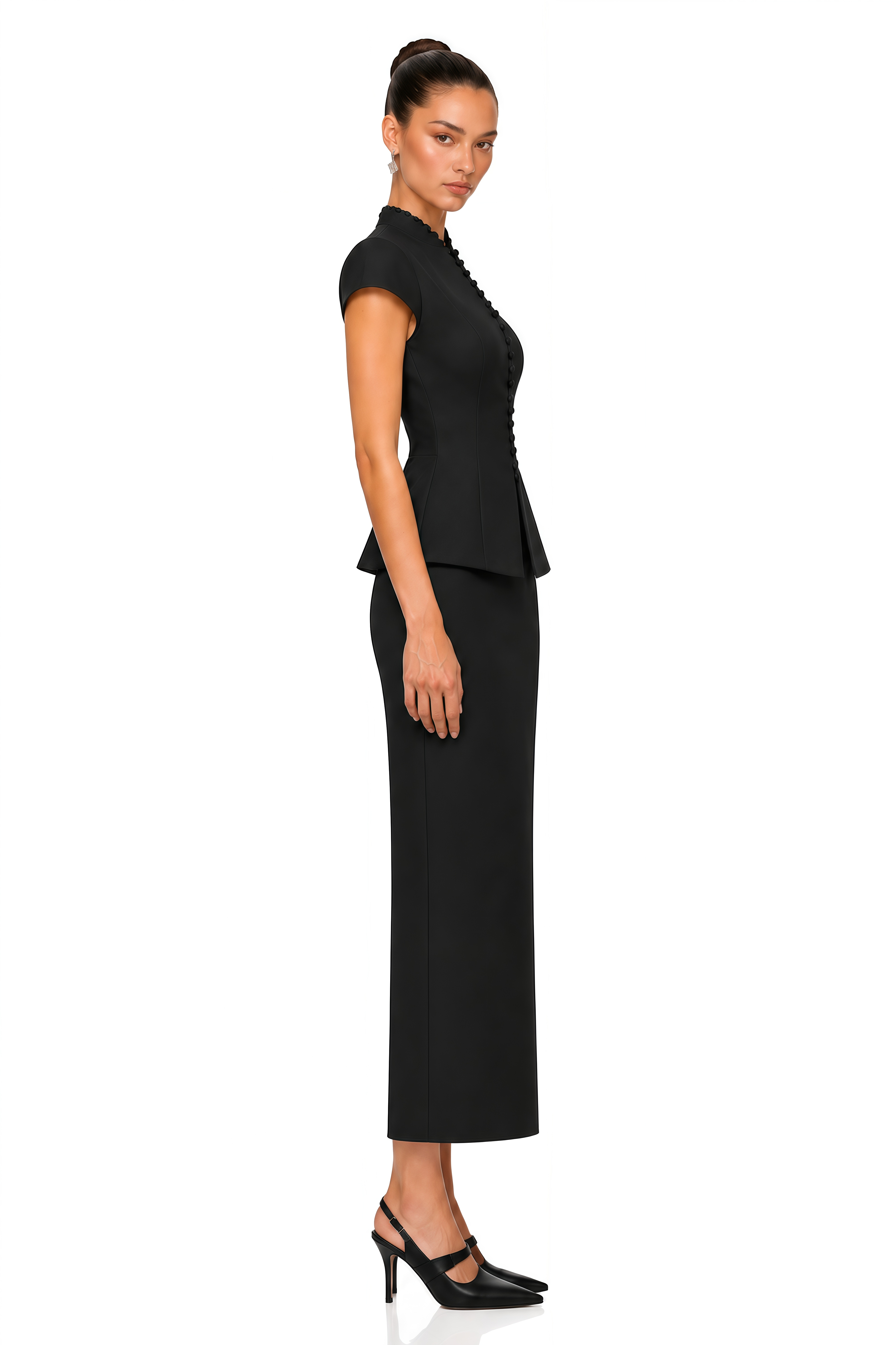 Joana Black Cap Sleeve Peplum Jacket & Midi Skirt Set