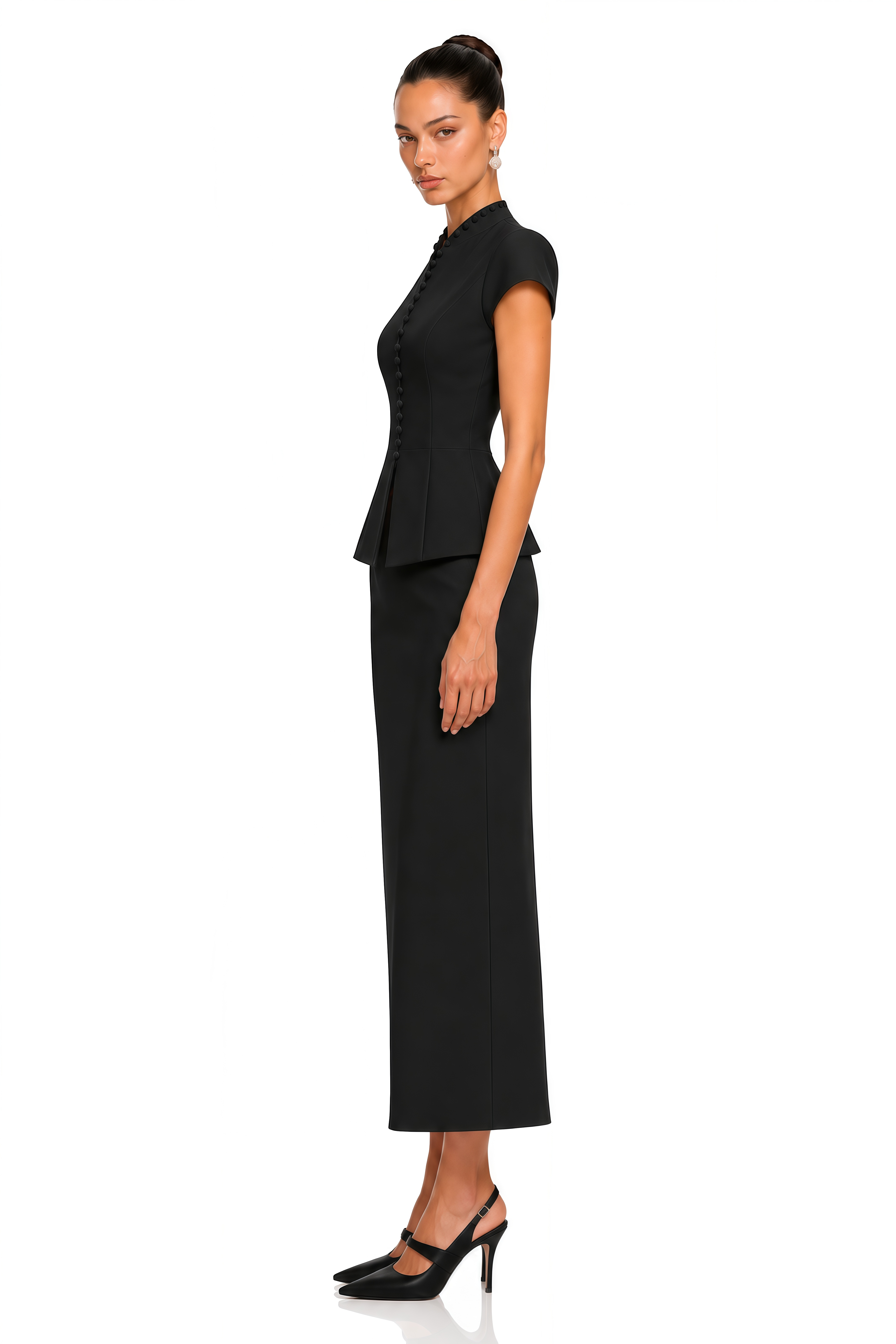 Joana Black Cap Sleeve Peplum Jacket & Midi Skirt Set