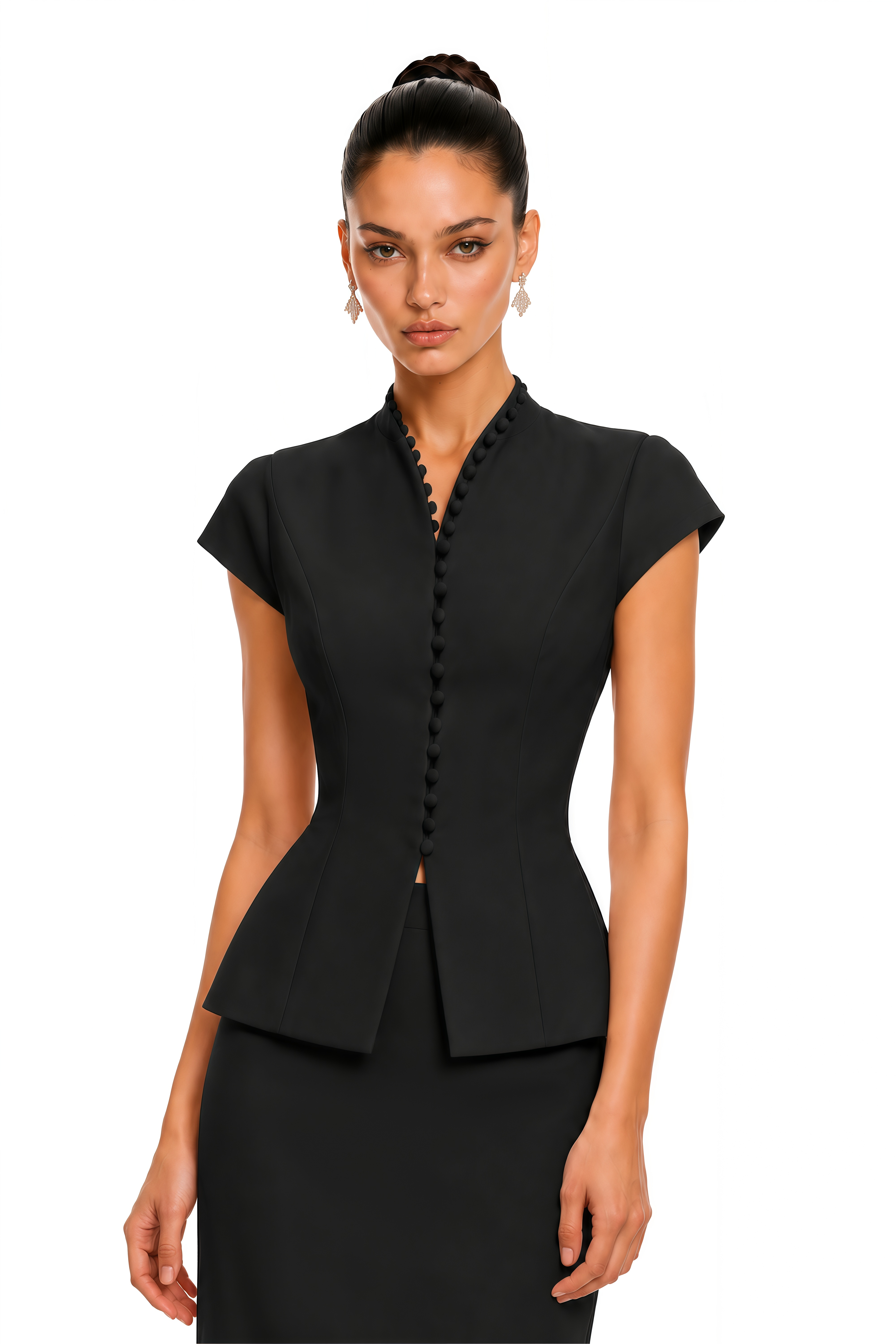 Joana Black Cap Sleeve Peplum Jacket & Midi Skirt Set