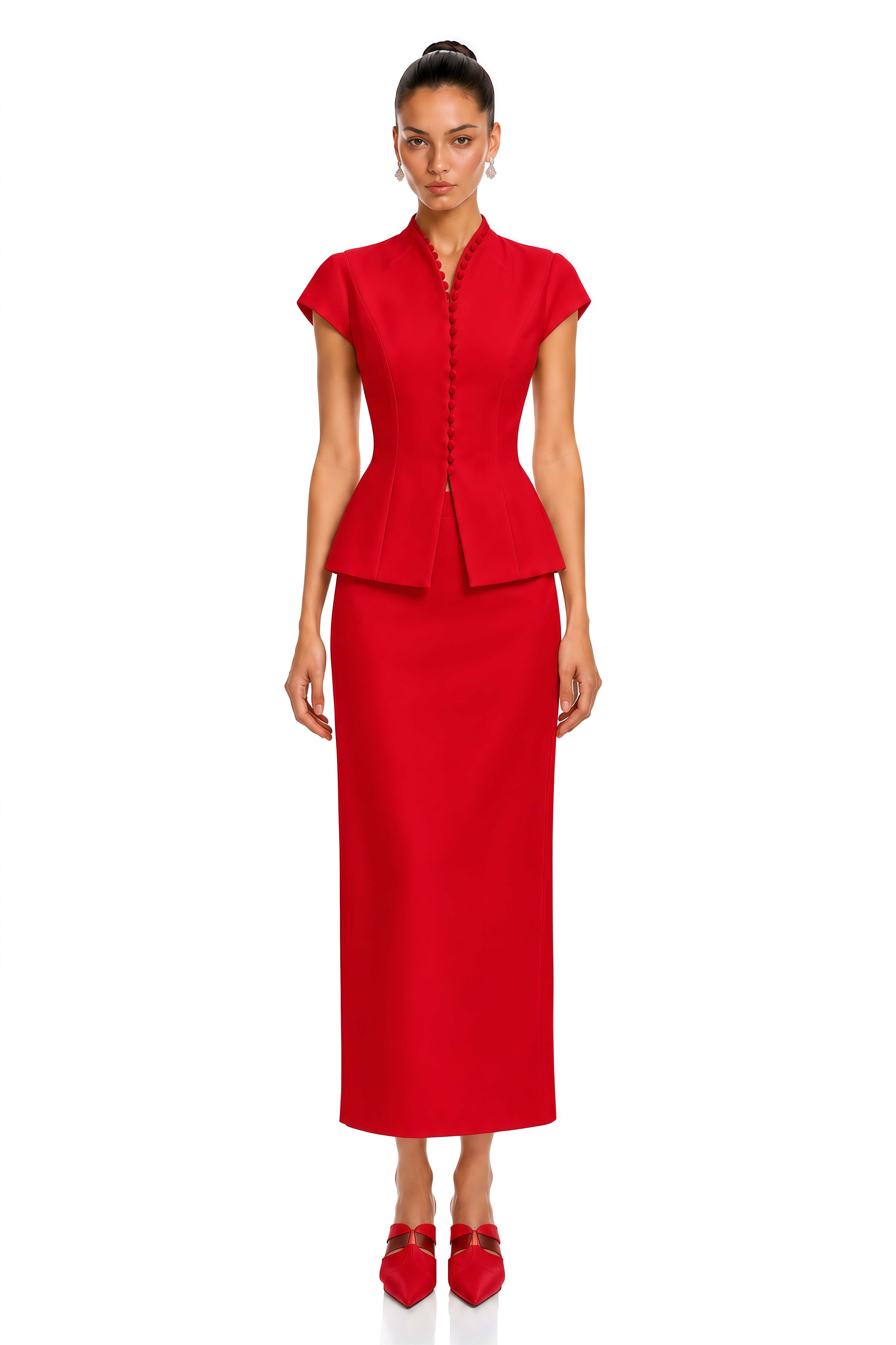 Joana Red Cap Sleeve Peplum Jacket & Midi Skirt Set