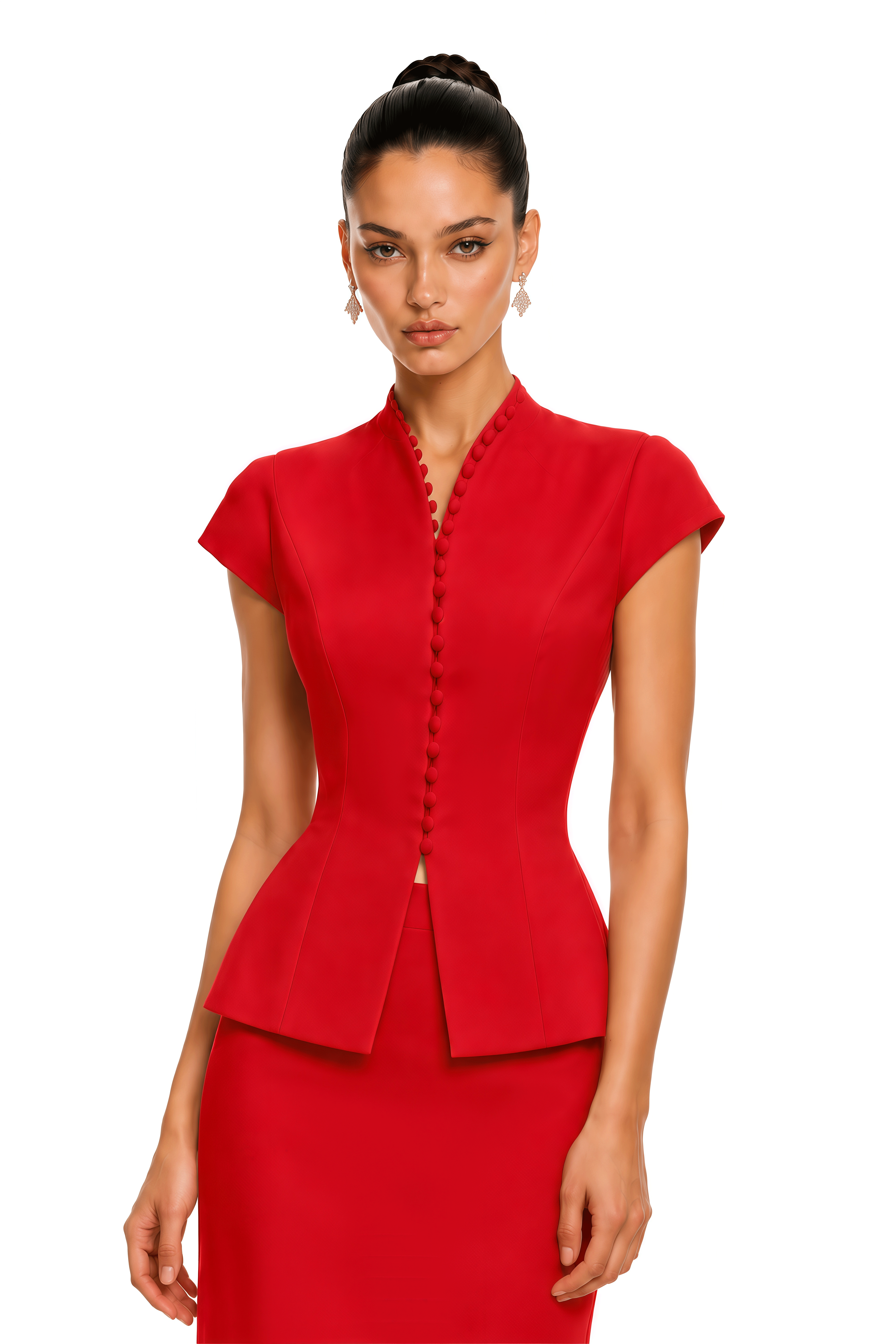 Joana Red Cap Sleeve Peplum Jacket & Midi Skirt Set