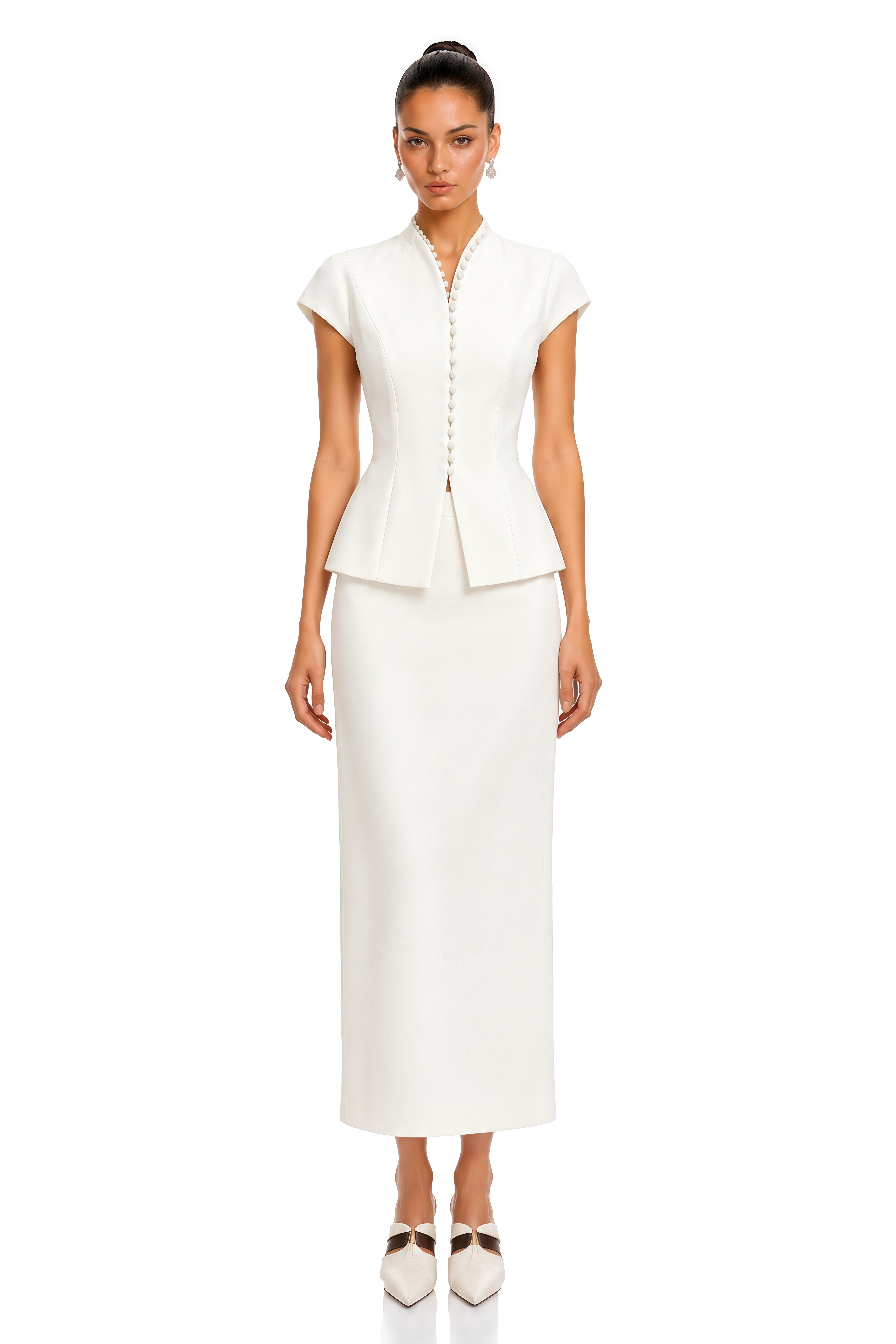 Joana White Cap Sleeve Peplum Jacket & Midi Skirt Set