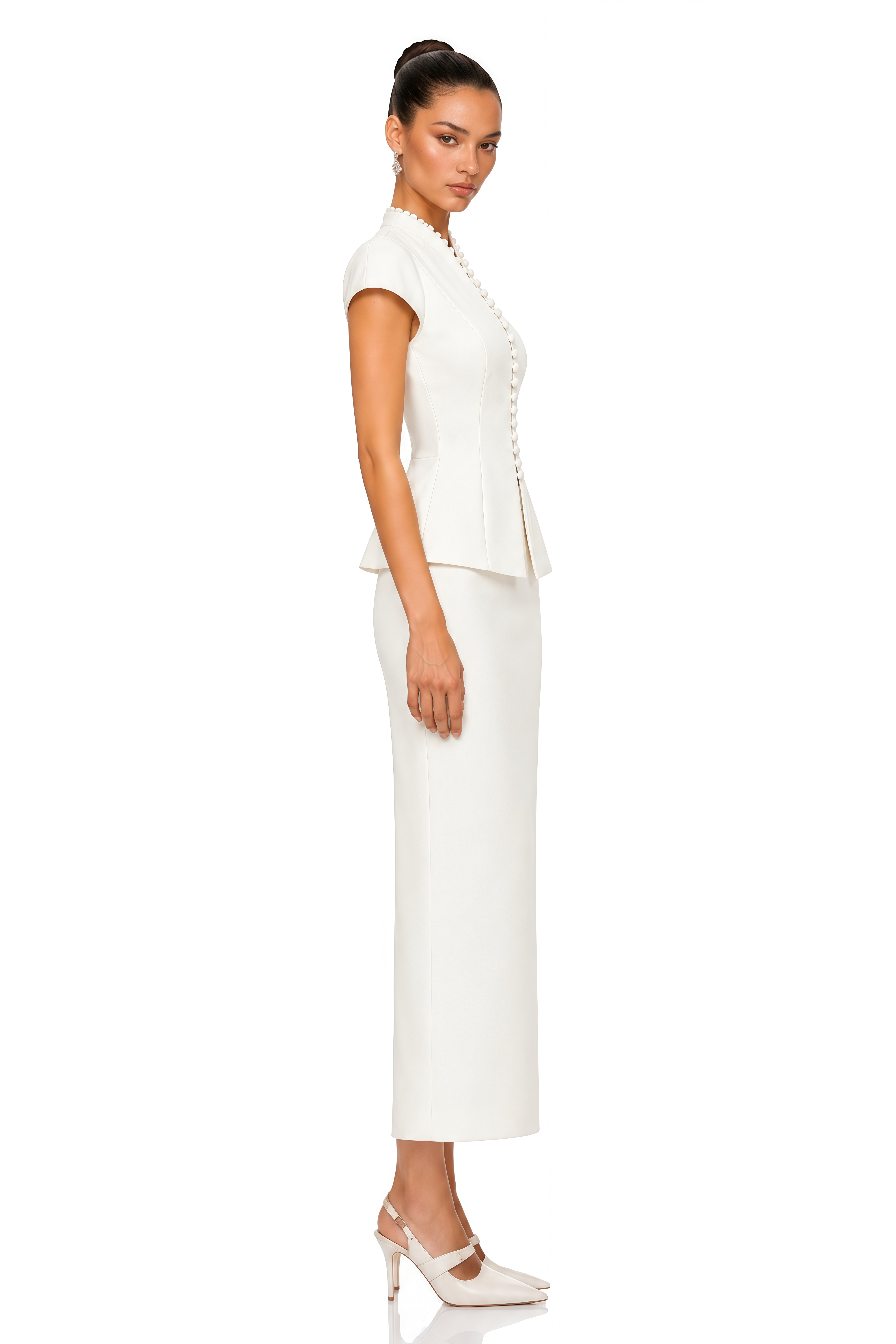 Joana White Cap Sleeve Peplum Jacket & Midi Skirt Set