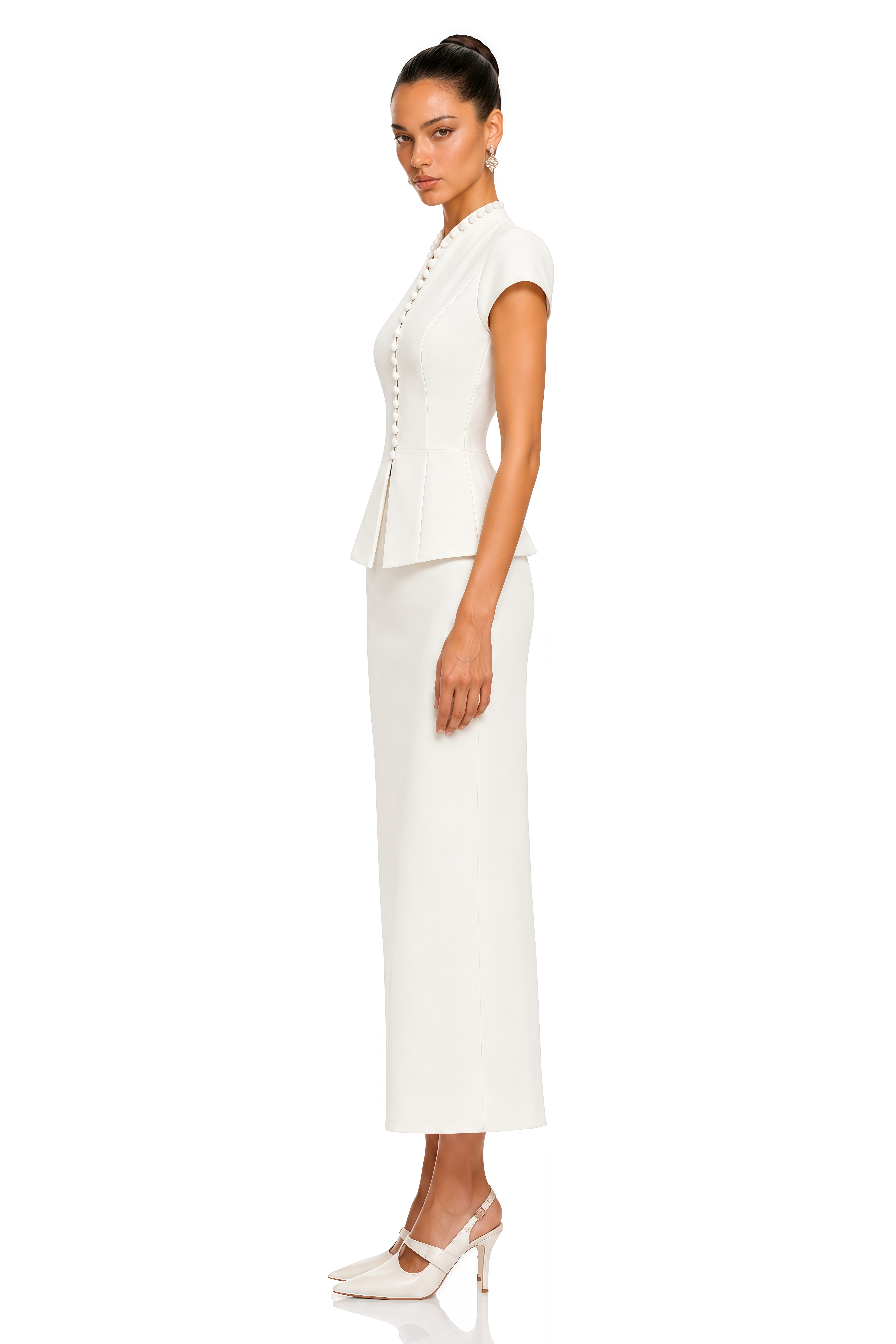 Joana White Cap Sleeve Peplum Jacket & Midi Skirt Set