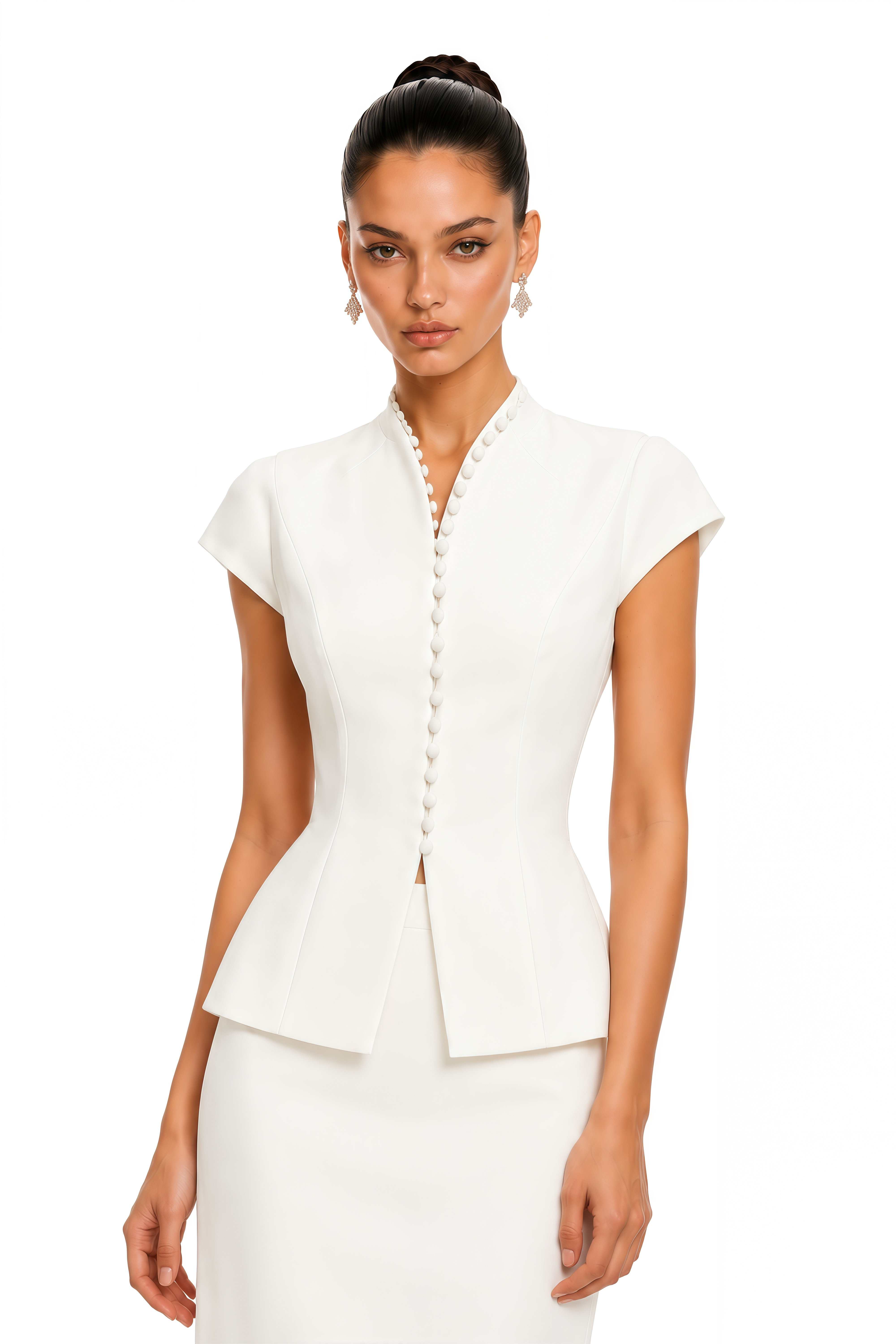 Joana White Cap Sleeve Peplum Jacket & Midi Skirt Set