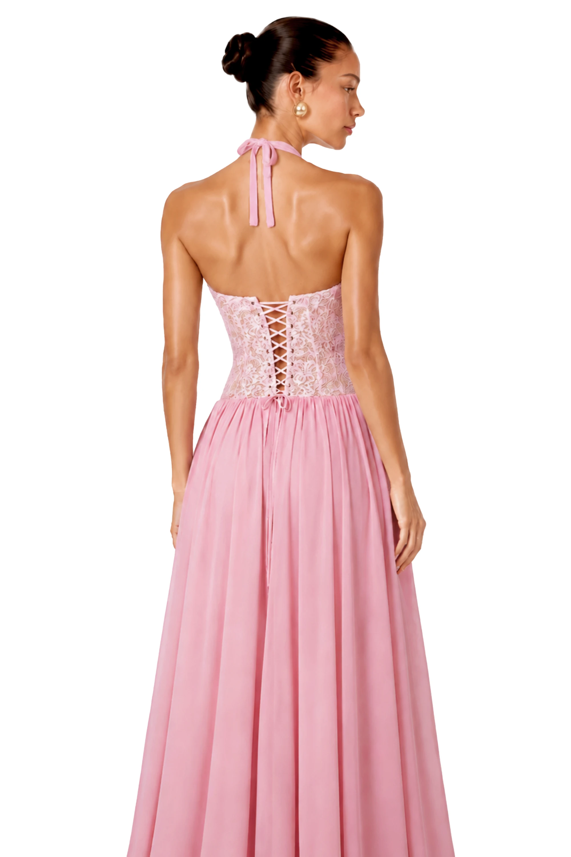 Joelle Pink Halterneck Lace Corset Maxi Dress