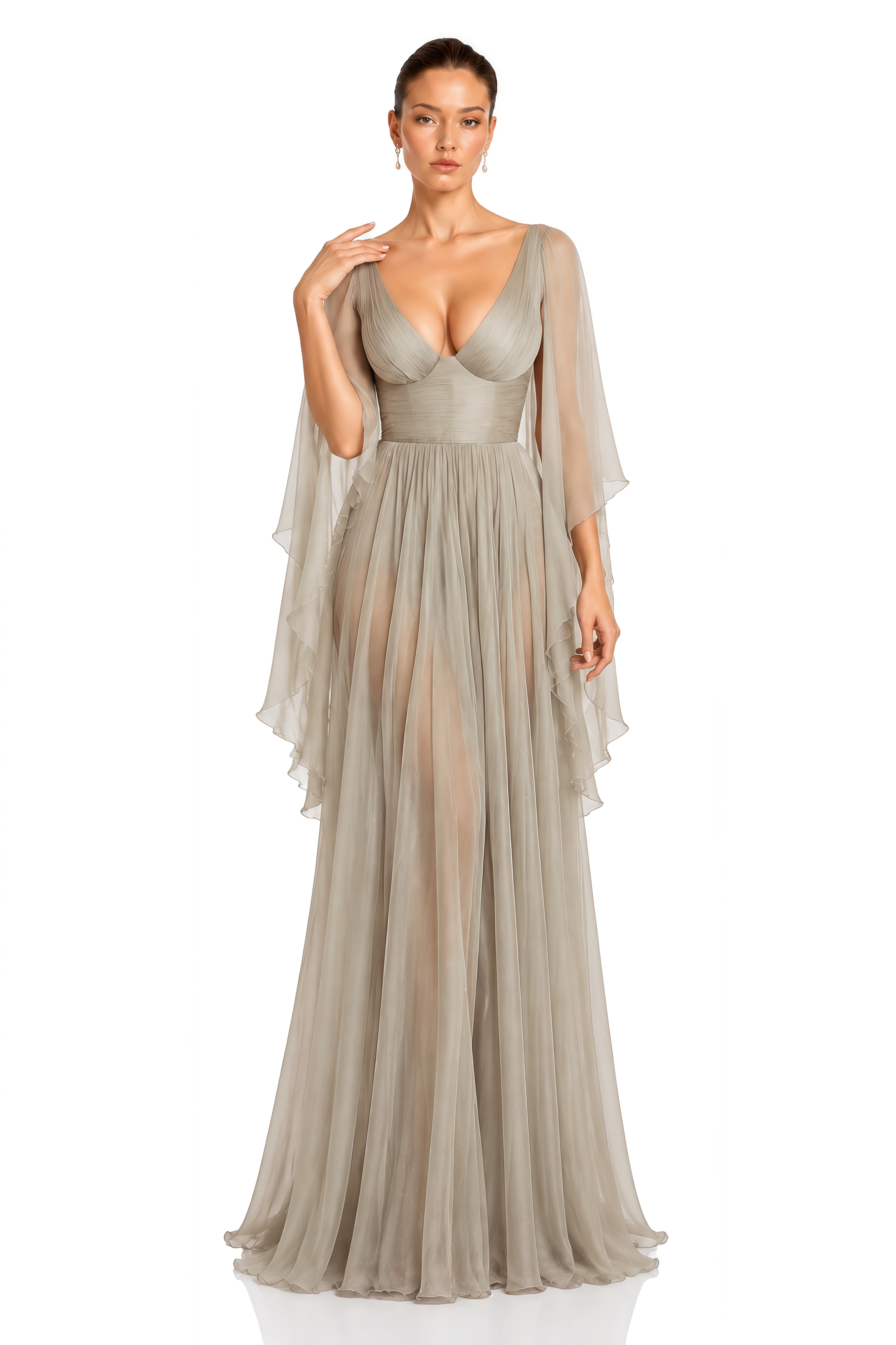 Jorgie Silver Plunge Neck Cape Sleeve Maxi Dress