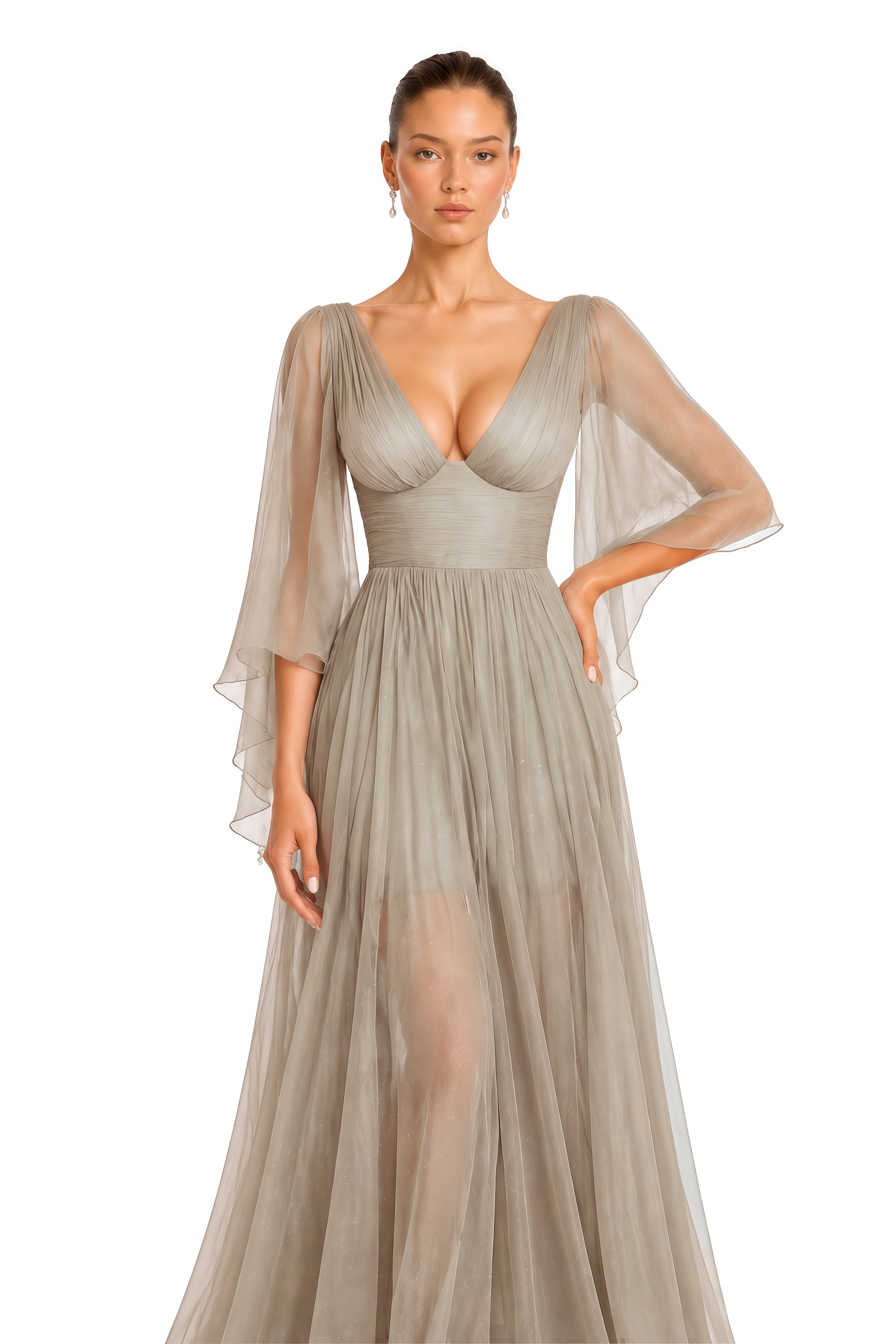 Jorgie Silver Plunge Neck Cape Sleeve Maxi Dress