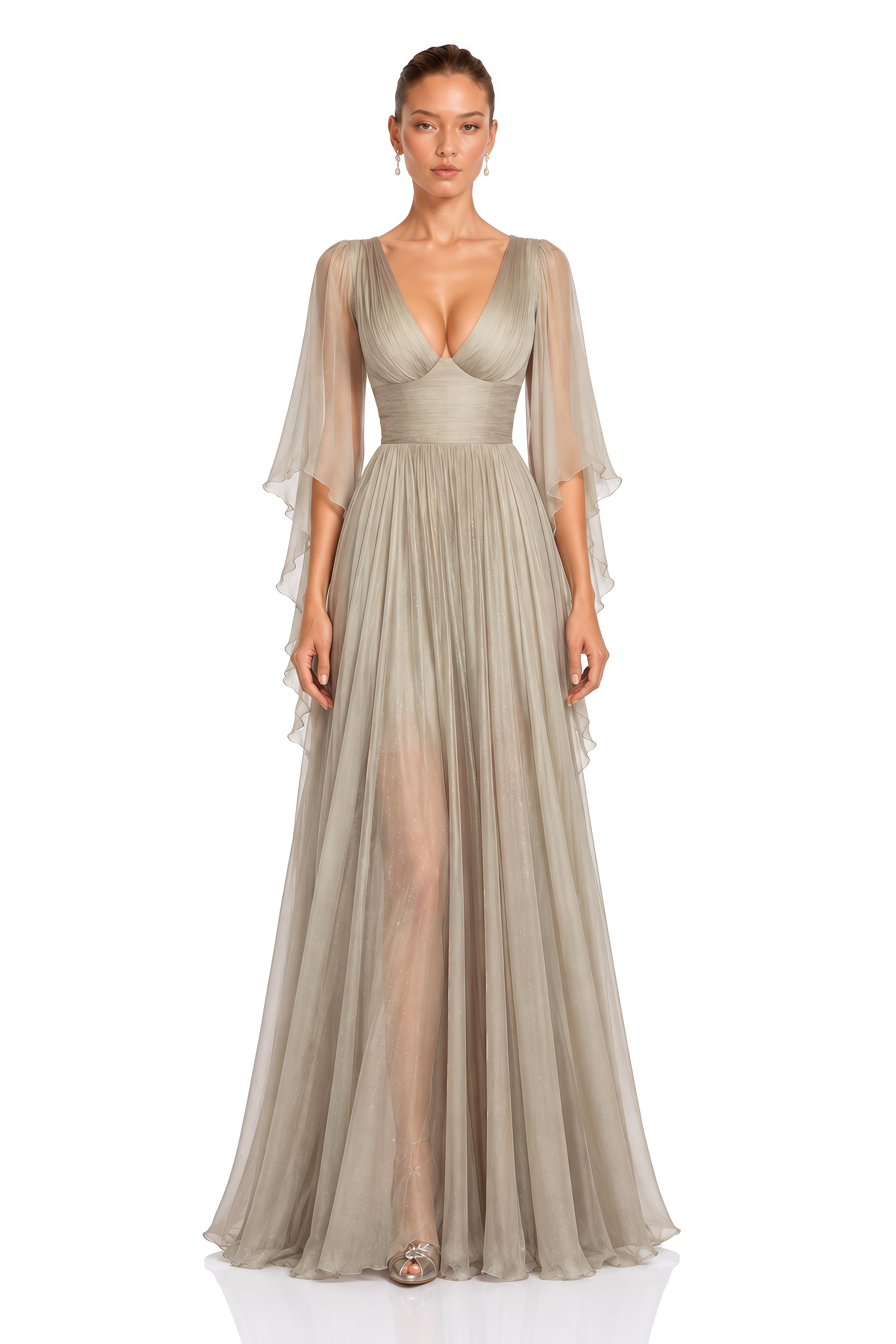 Jorgie Silver Plunge Neck Cape Sleeve Maxi Dress