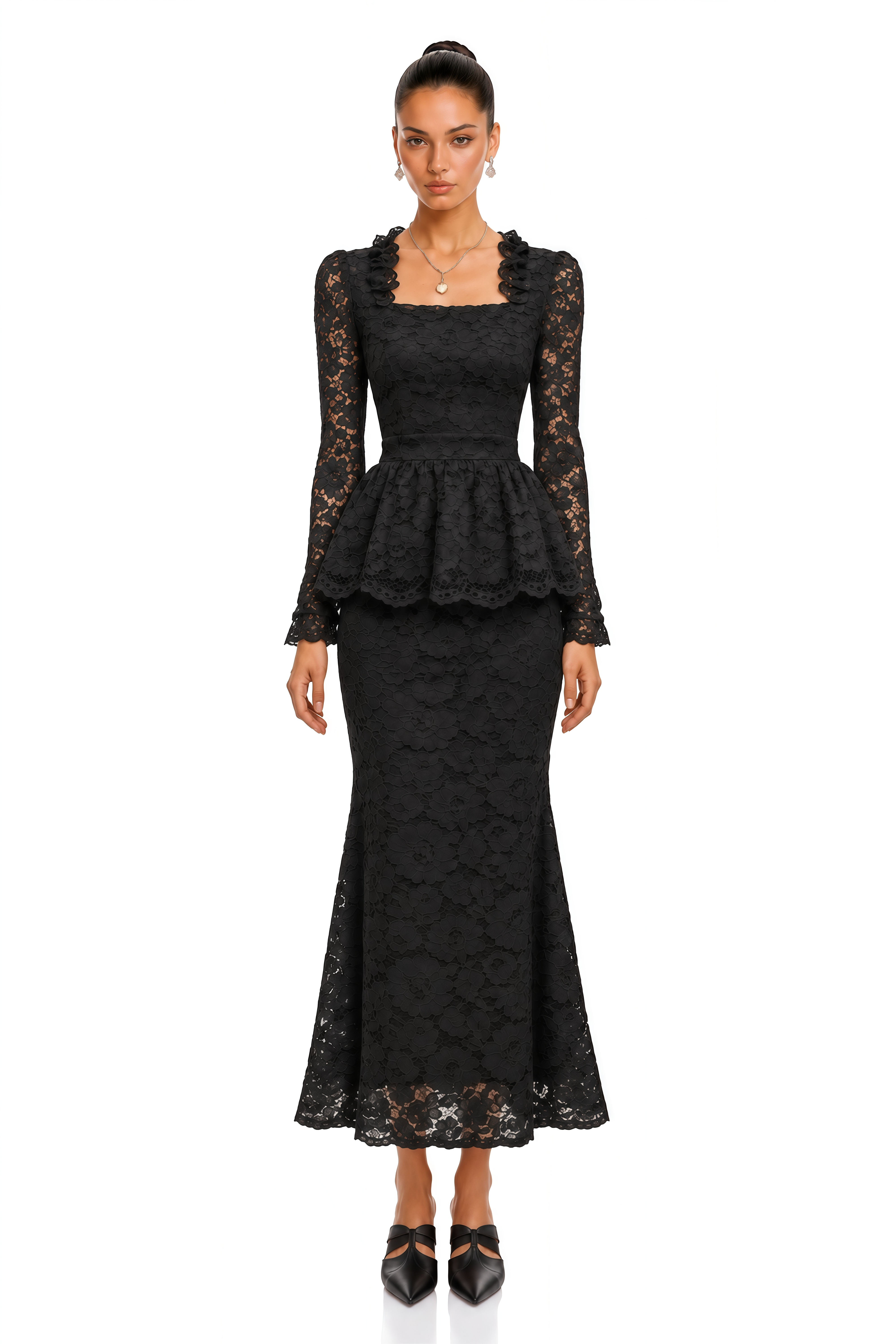 Josefina Black Lace Long Sleeve Peplum Blouse & Midi Skirt Set
