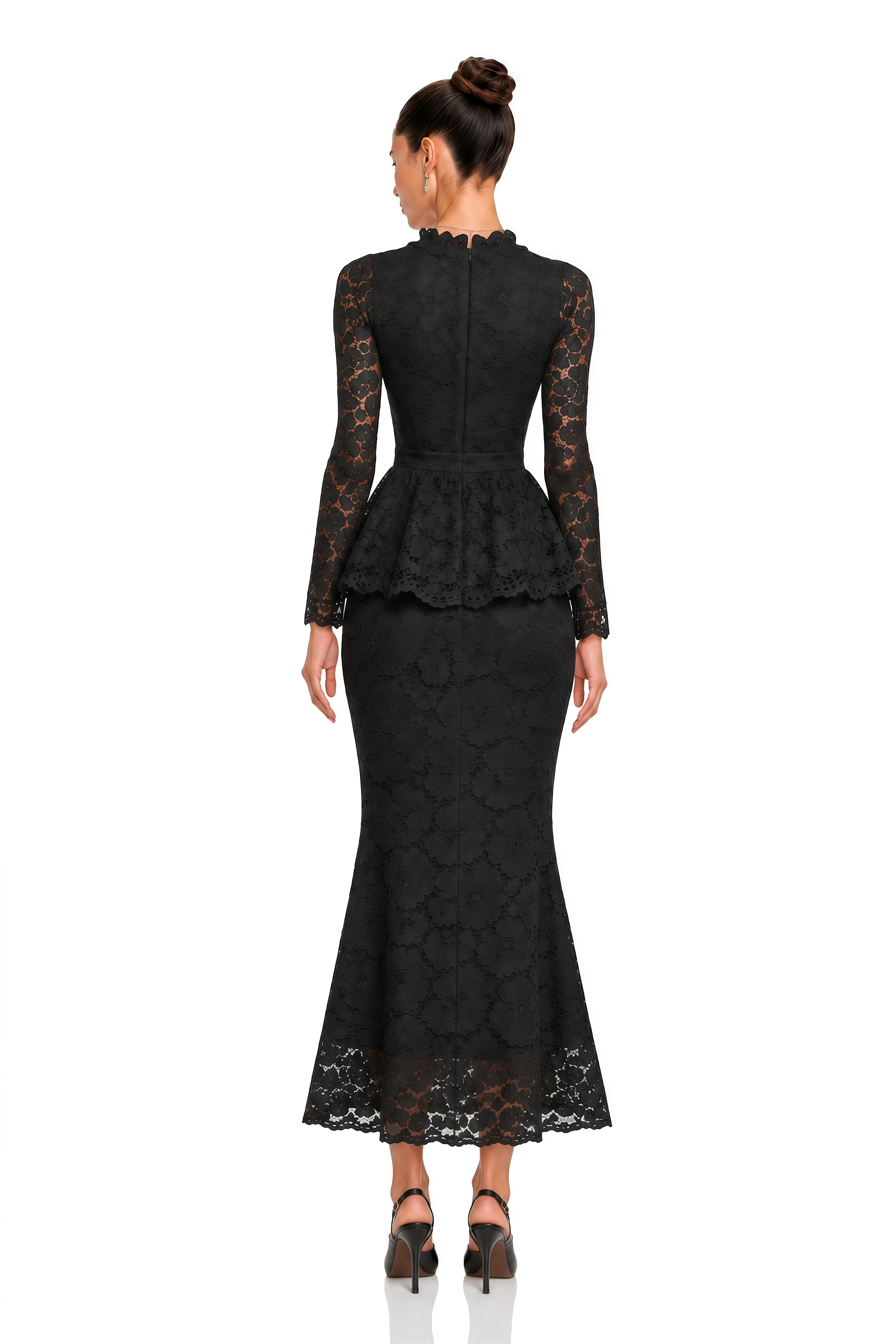 Josefina Black Lace Long Sleeve Peplum Blouse & Midi Skirt Set
