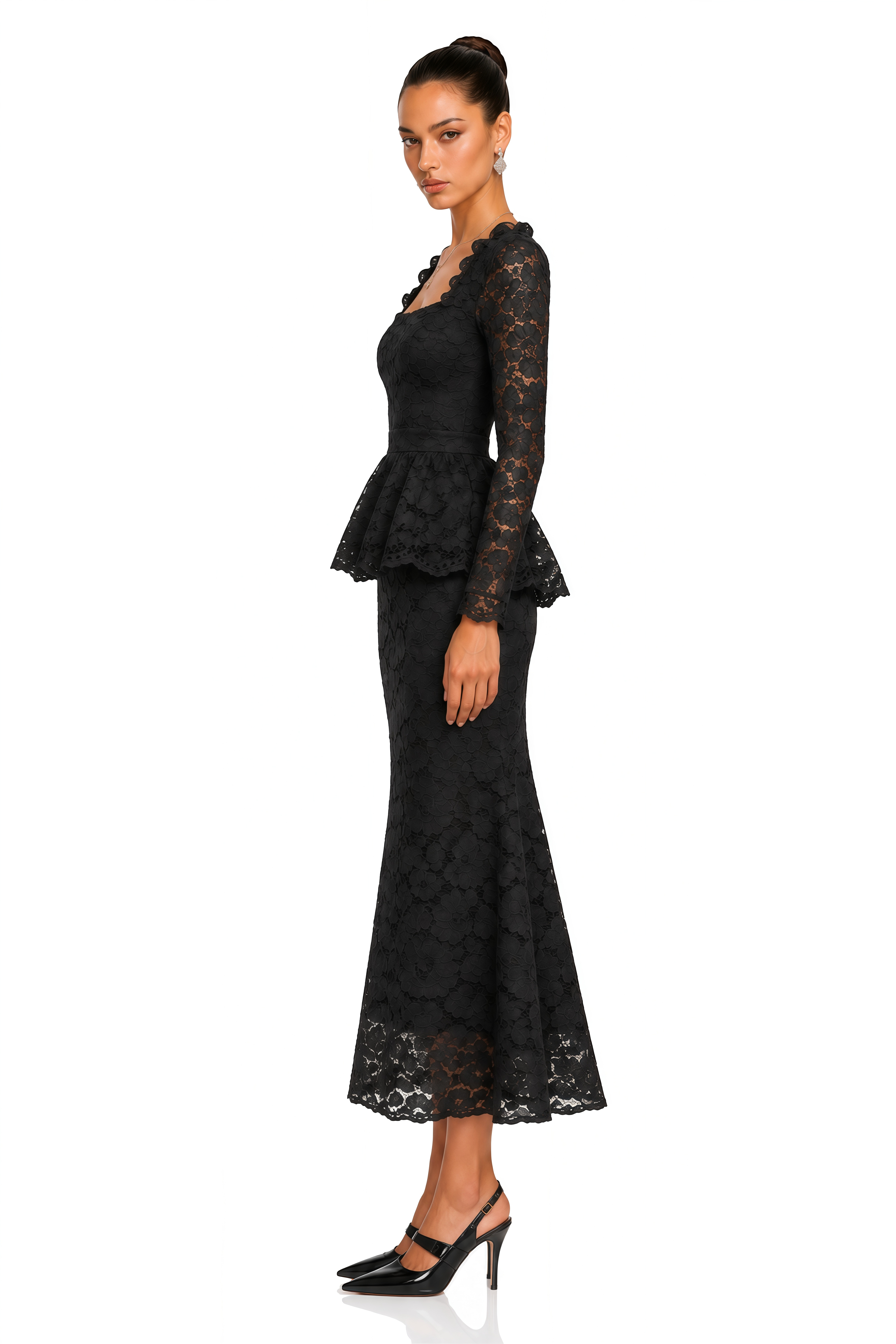 Josefina Black Lace Long Sleeve Peplum Blouse & Midi Skirt Set